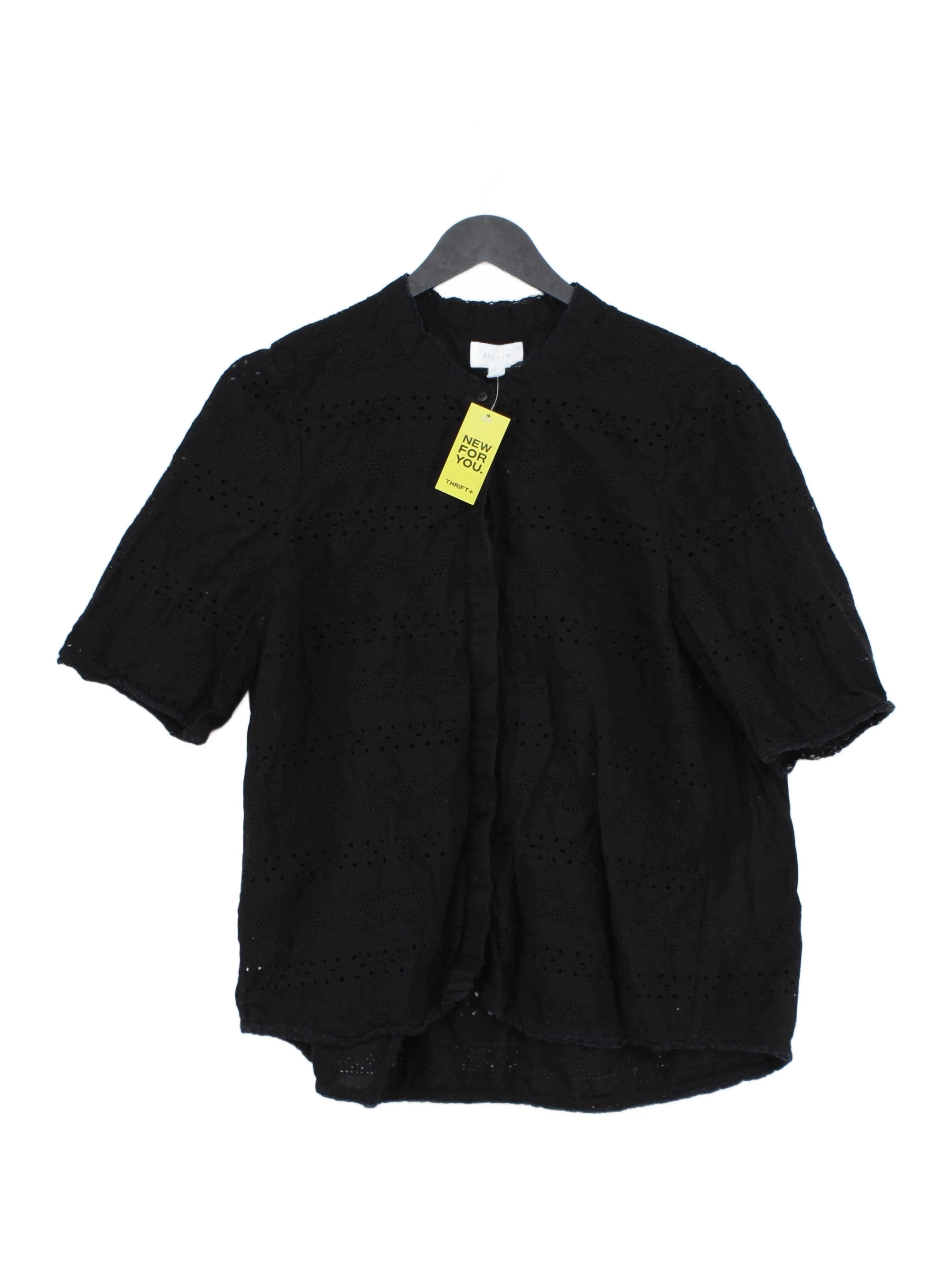 Jigsaw Women's Top UK 14 Black Cotton with Polyester Short Sleeve Collared Basic