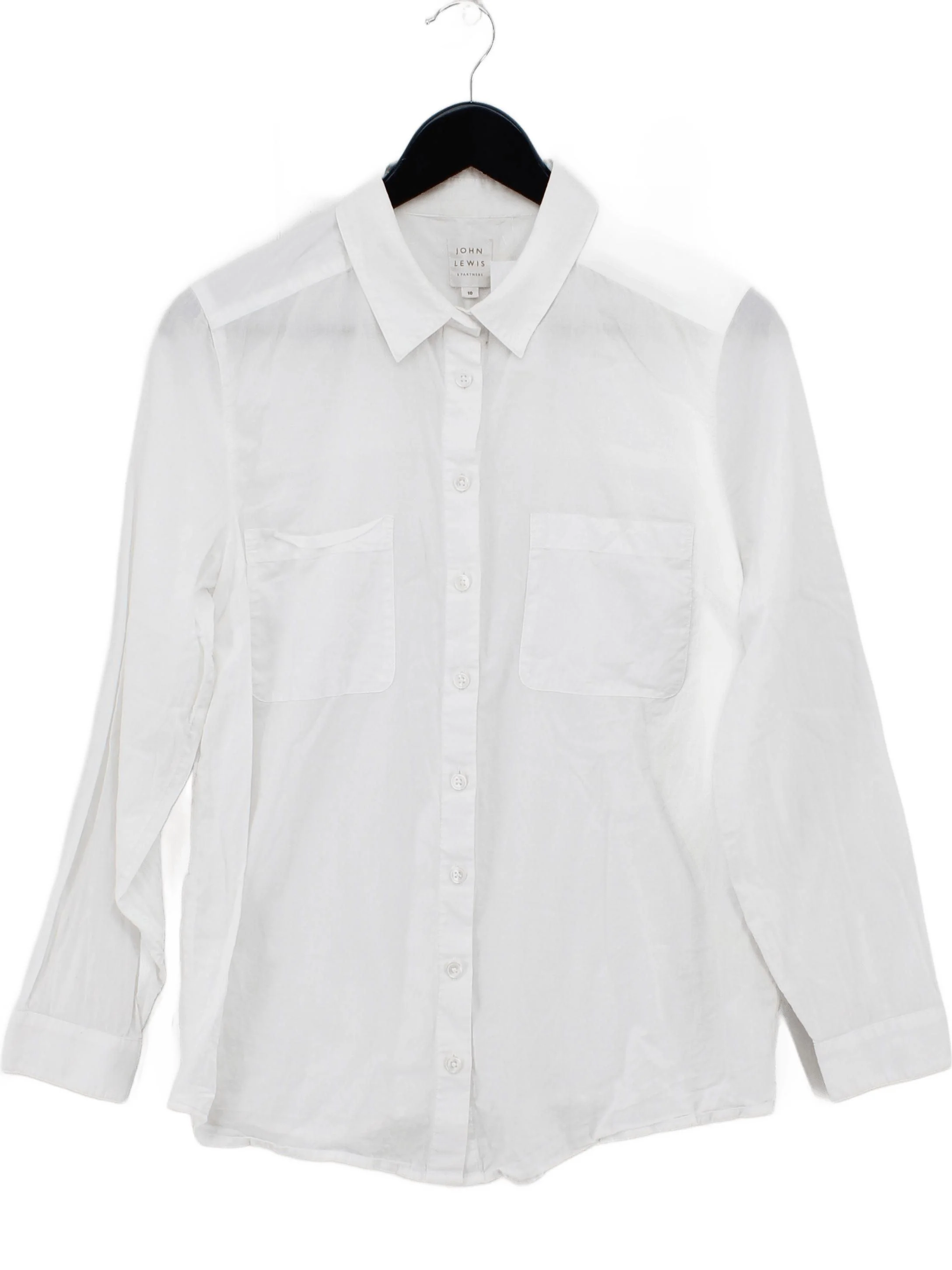 John Lewis Women's Shirt UK 10 White 100% Cotton Long Sleeve Collared Basic