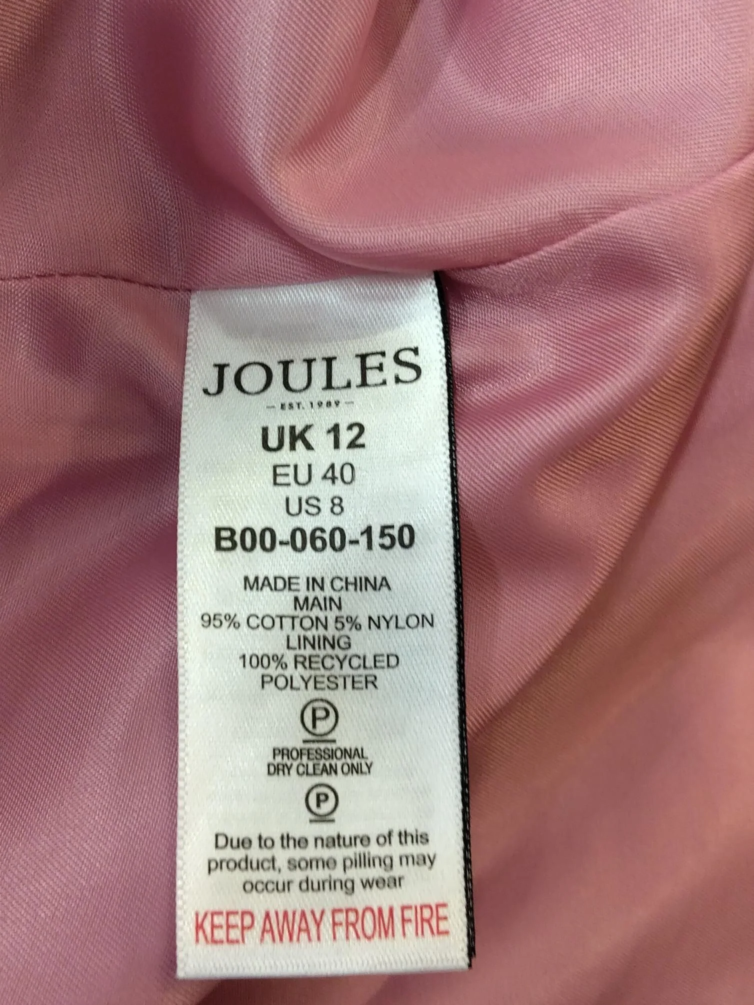Joules Women's Blazer UK 12 Pink Cotton with Nylon, Polyester Overcoat - Image 6