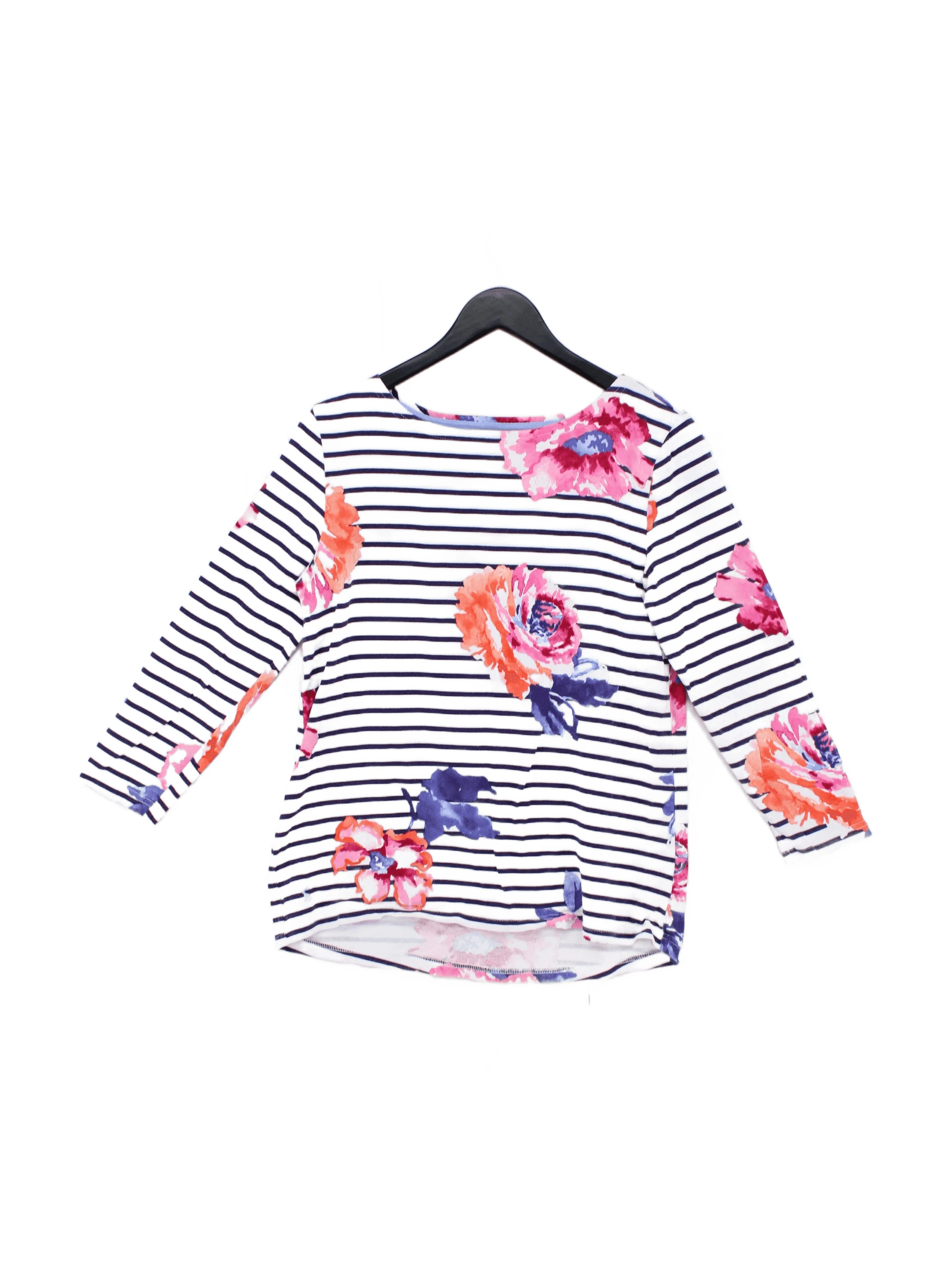 Joules Women's Top M White Striped 100% Cotton 3/4 Sleeve Round Neck Basic