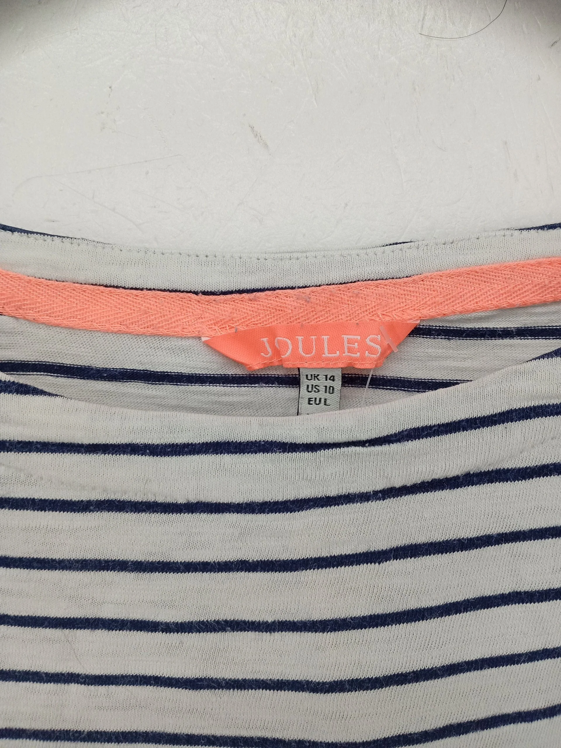 Joules Women's Top UK 14 White Striped 100% Cotton 3/4 Sleeve Round Neck Basic - Image 5