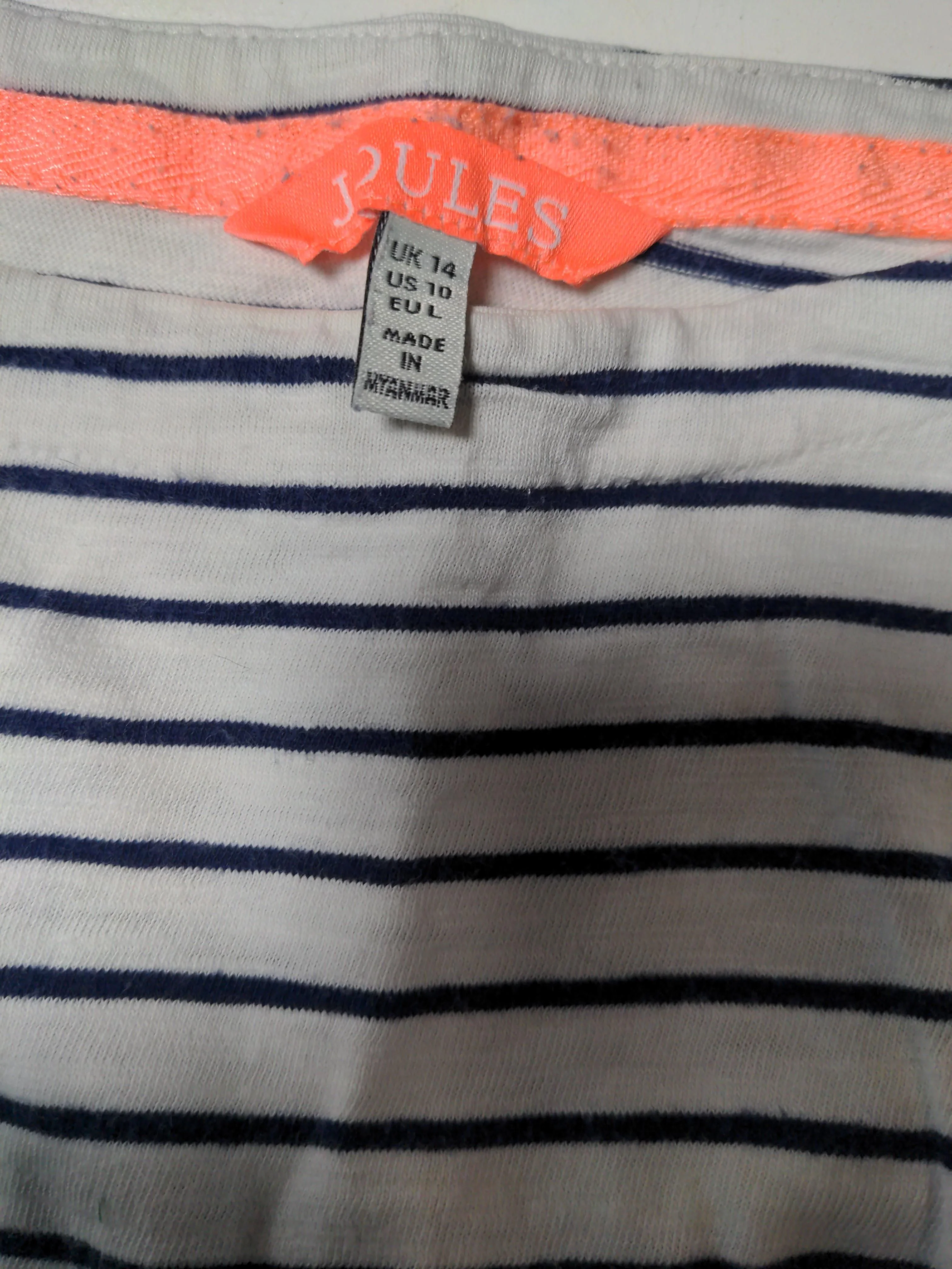 Joules Women's Top UK 14 White Striped 100% Cotton 3/4 Sleeve Round Neck Basic - Image 6