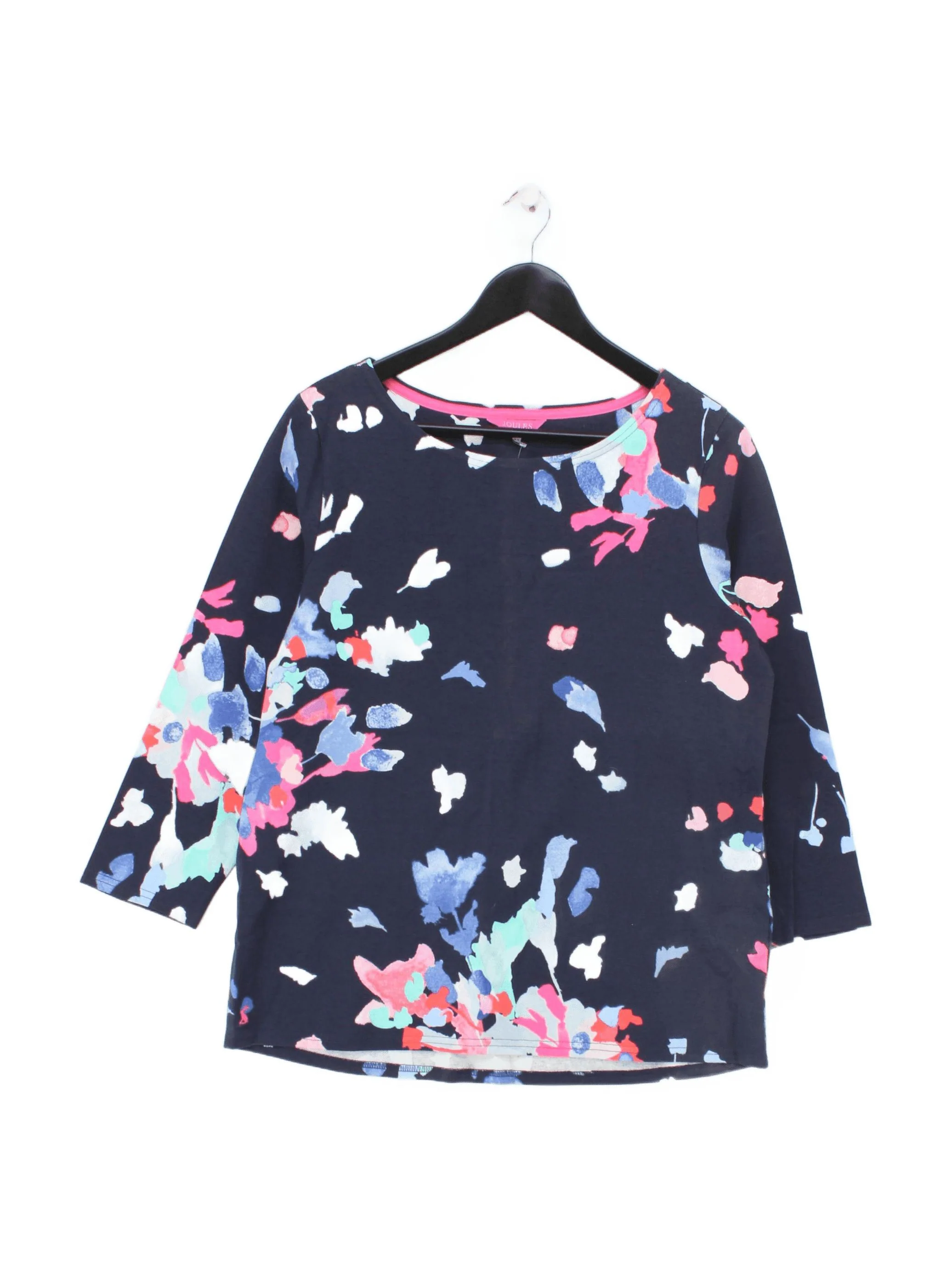 Joules Women's Top UK 16 Blue Floral 100% Cotton 3/4 Sleeve Round Neck Basic