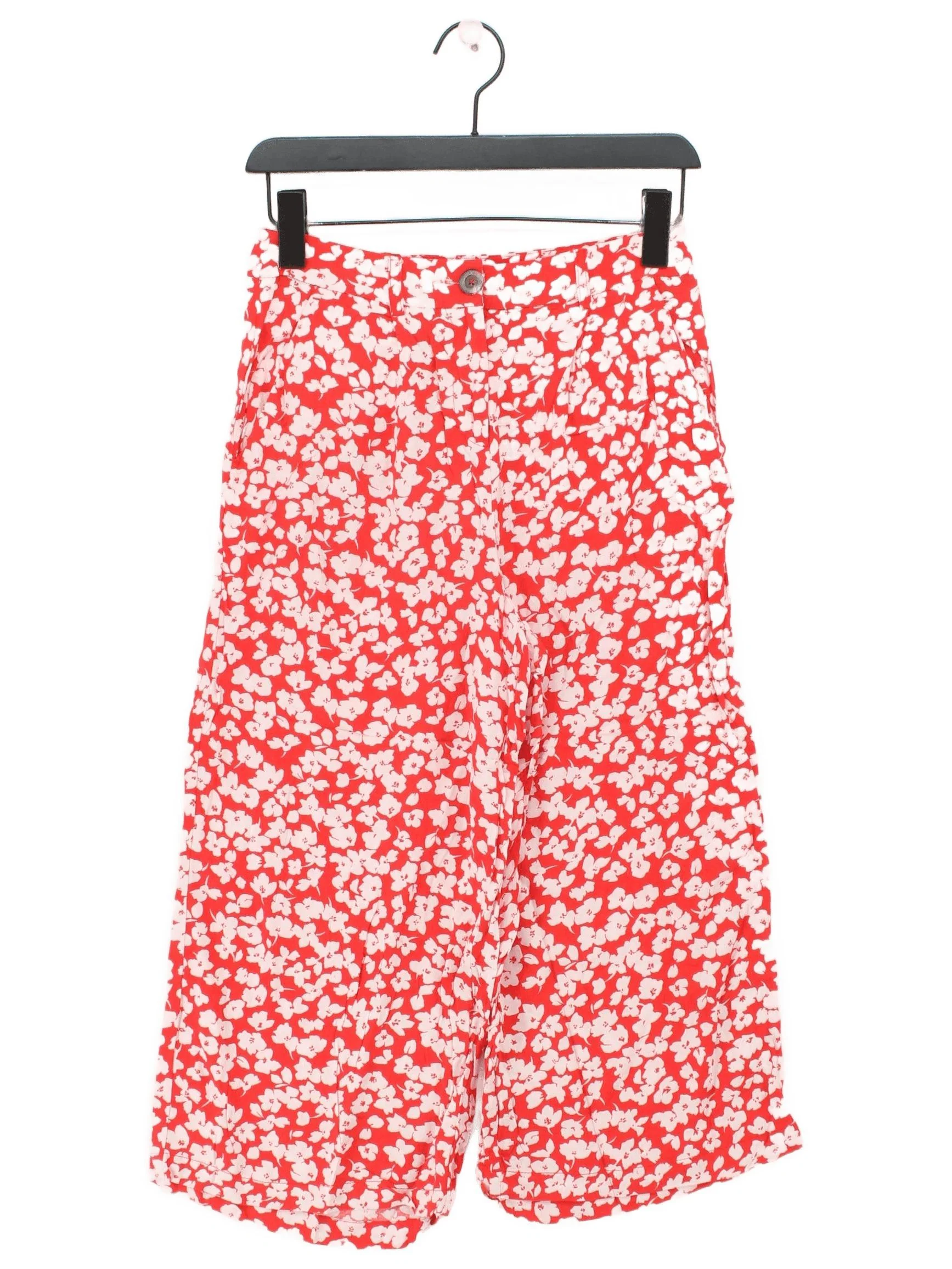 Joules Women's Trousers UK 6 Red Floral 100% Viscose Wide-Leg Cropped