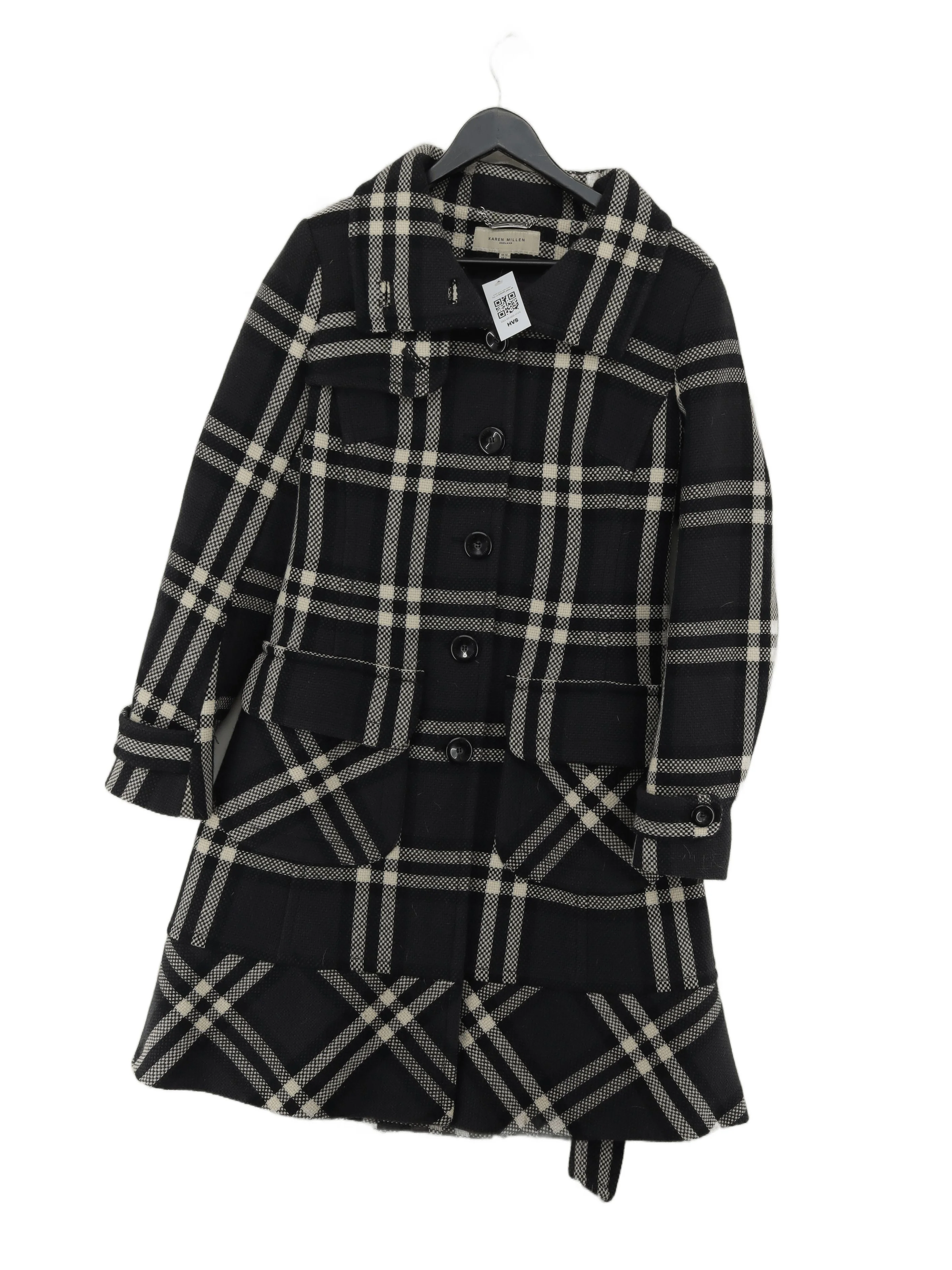 Karen Millen Women's Coat UK 12 Black Checkered Wool with Viscose Overcoat