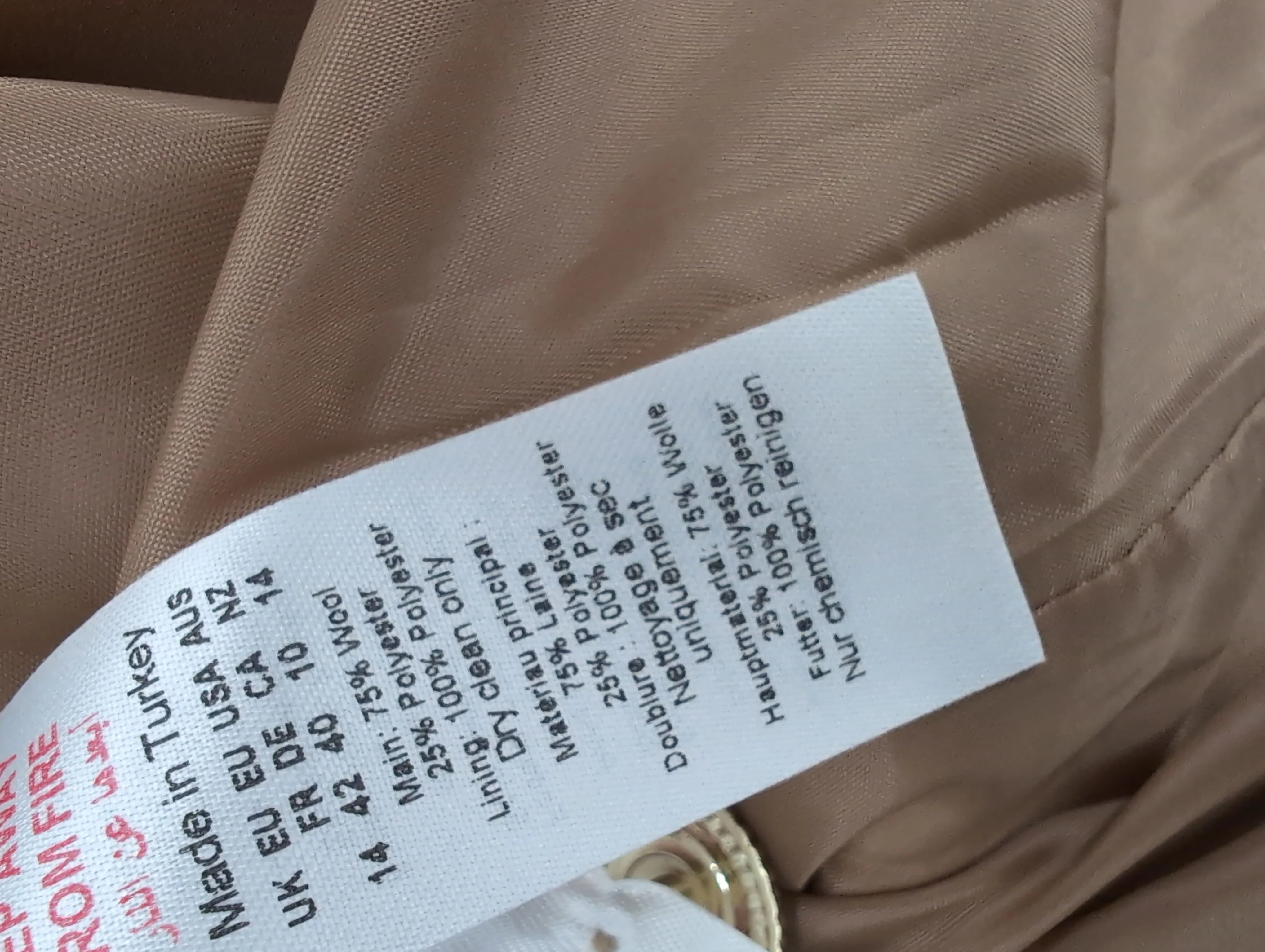 Karen Millen Women's Coat UK 14 Tan Wool with Polyester Overcoat New with tags - Image 6