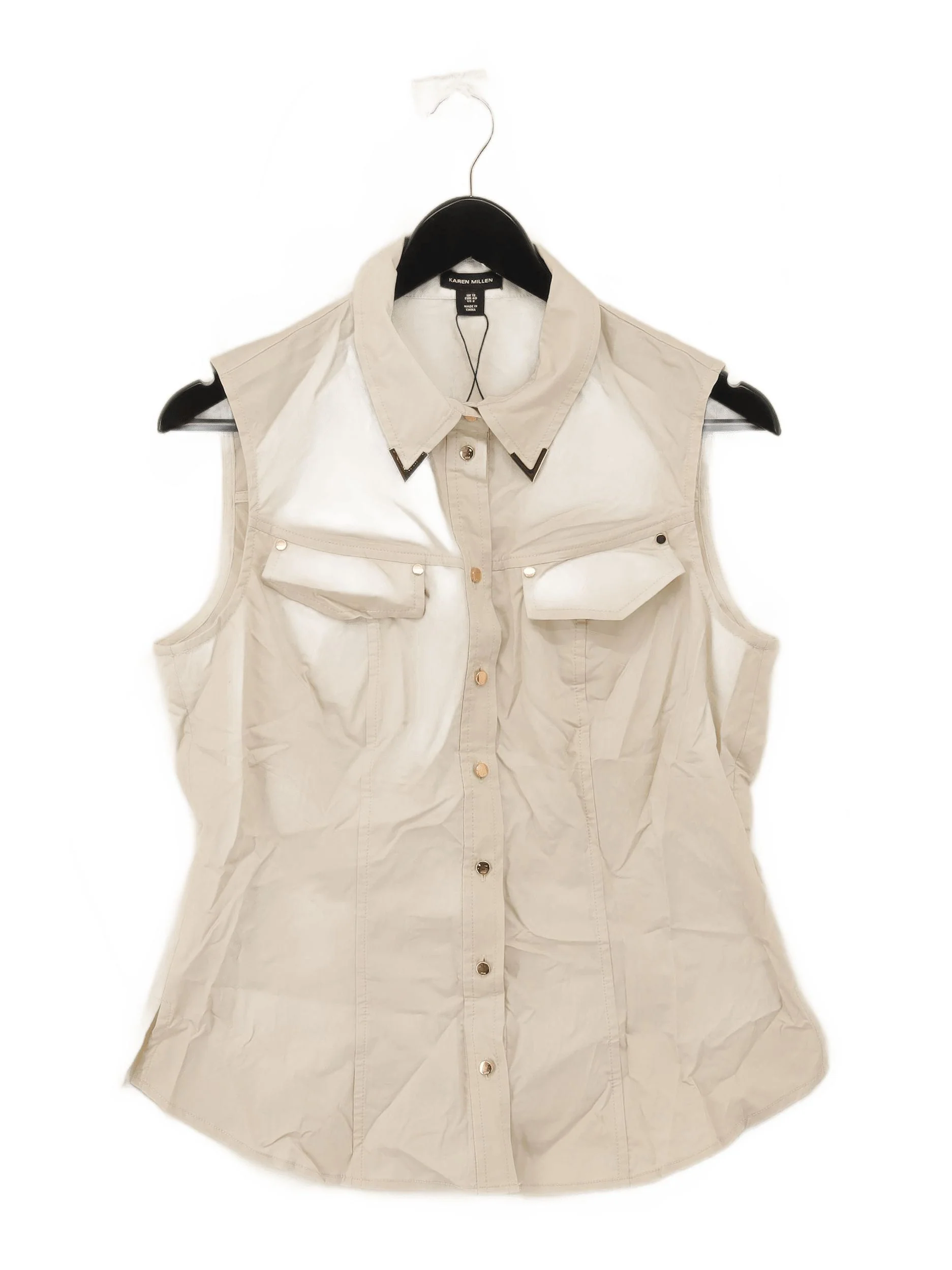 Karen Millen Women's Shirt UK 12 Cream 100% Cotton Sleeveless Collared Basic