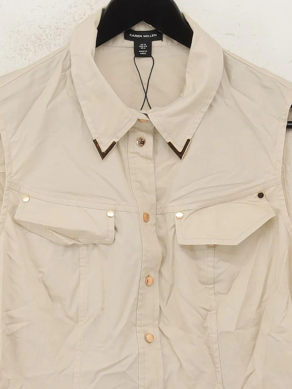 Karen Millen Women's Shirt UK 12 Cream 100% Cotton Sleeveless Collared Basic - Image 3