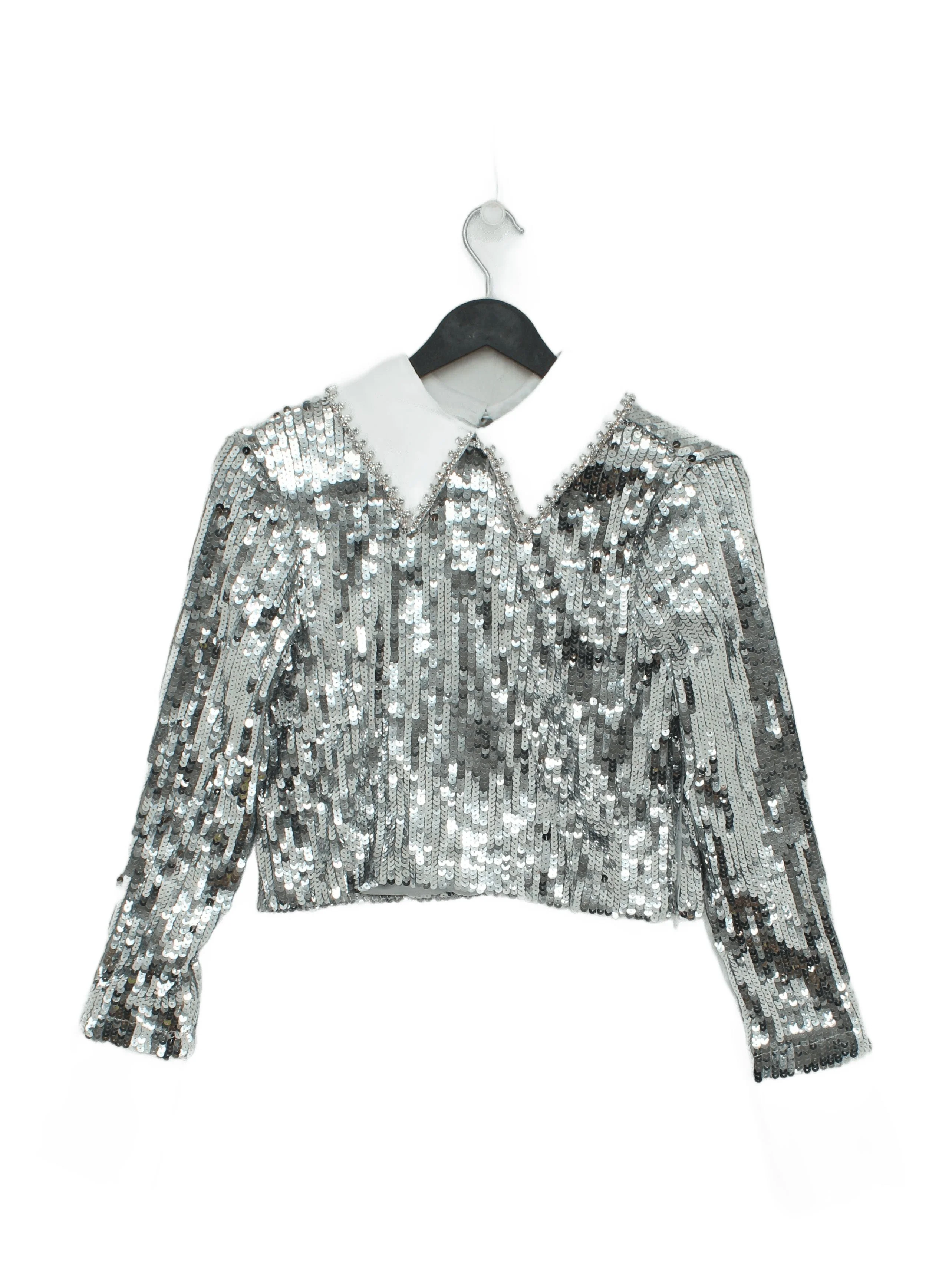 Karen Millen Women's Top S Silver 100% Polyester Long Sleeve Collared Basic