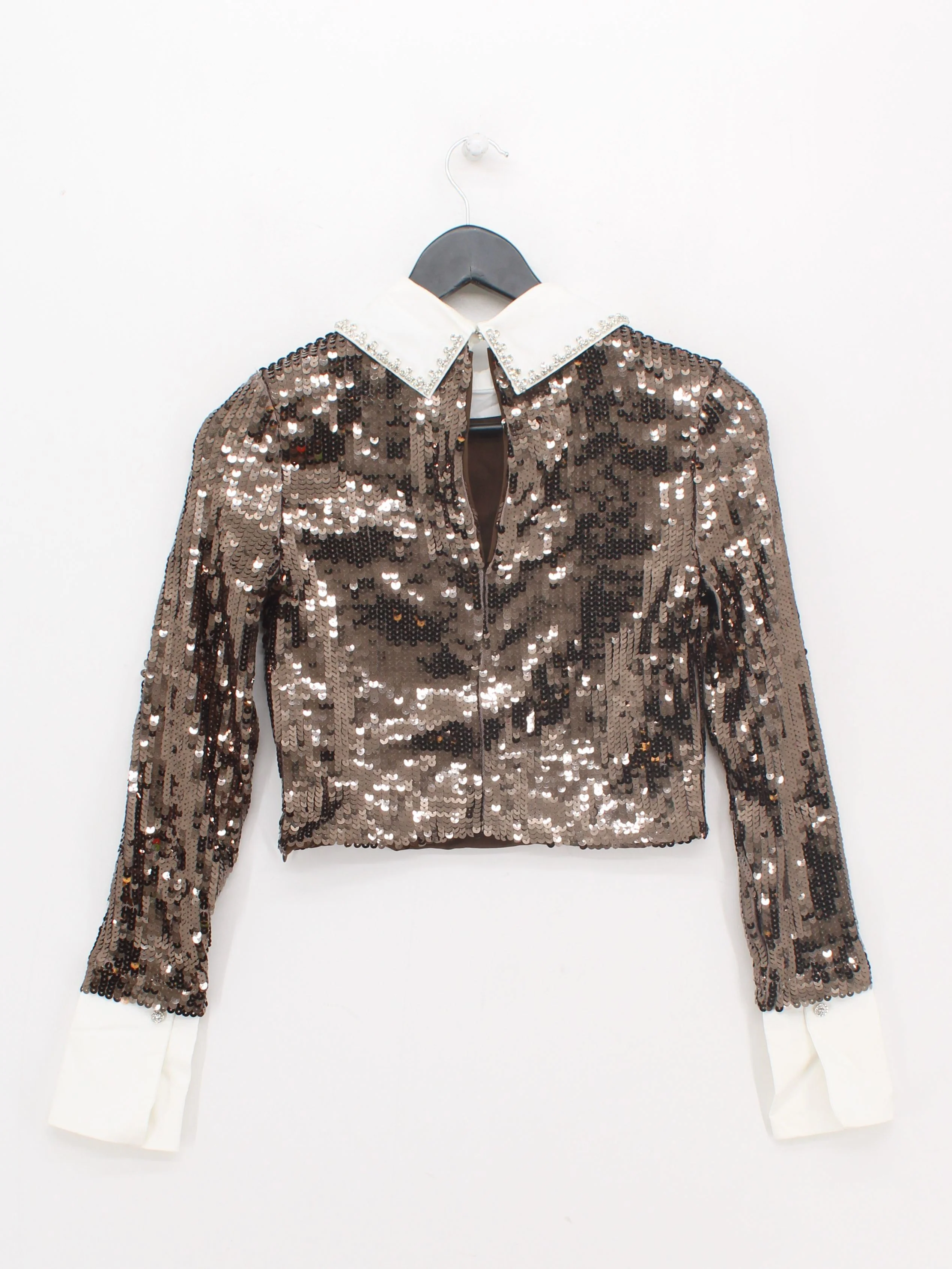 Karen Millen Women's Top UK 6 Brown 100% Polyester Long Sleeve Collared Cropped - Image 2