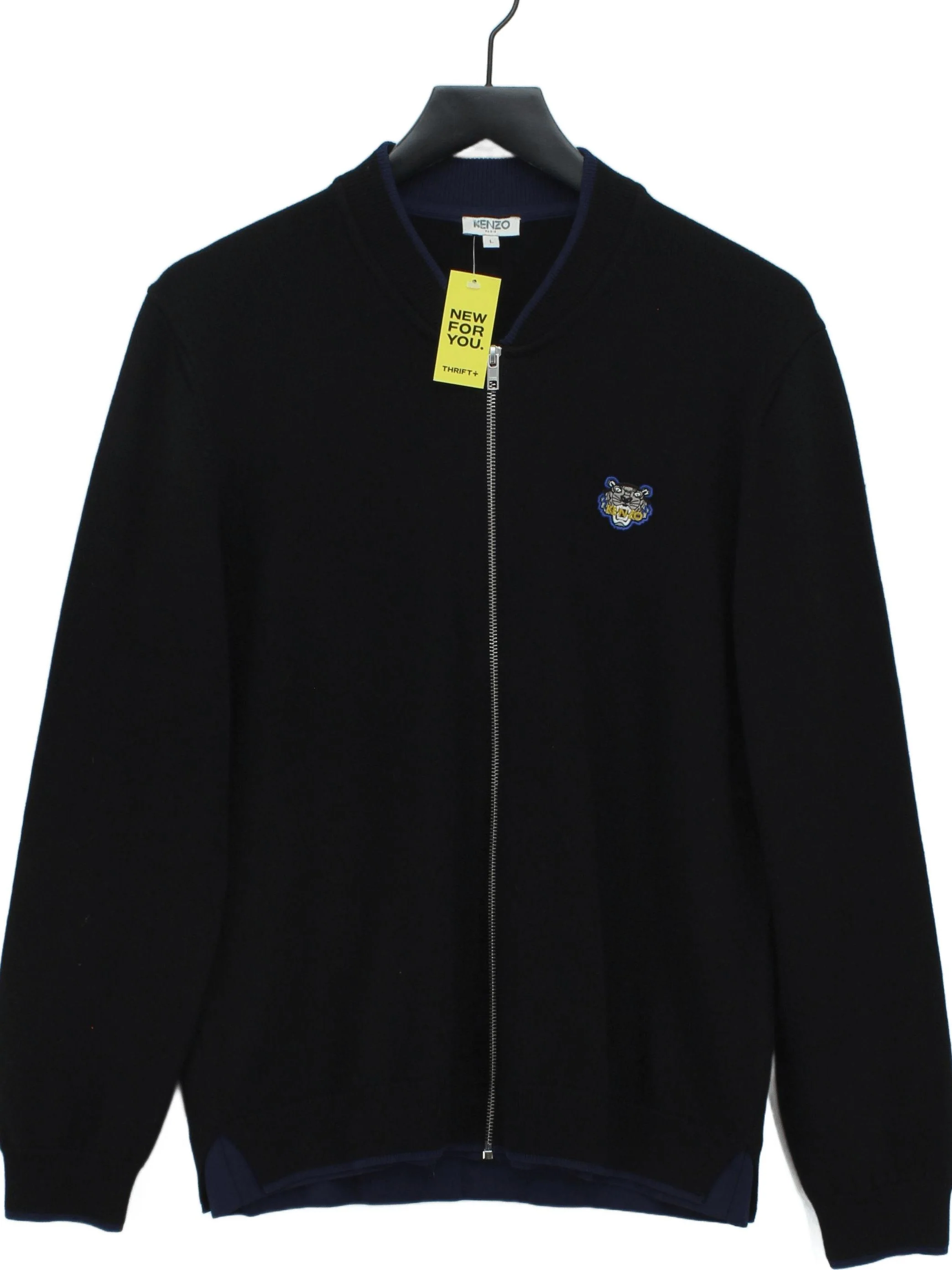 Kenzo Men's Cardigan L Black Graphic Wool with Polyamide Collared Cardigan