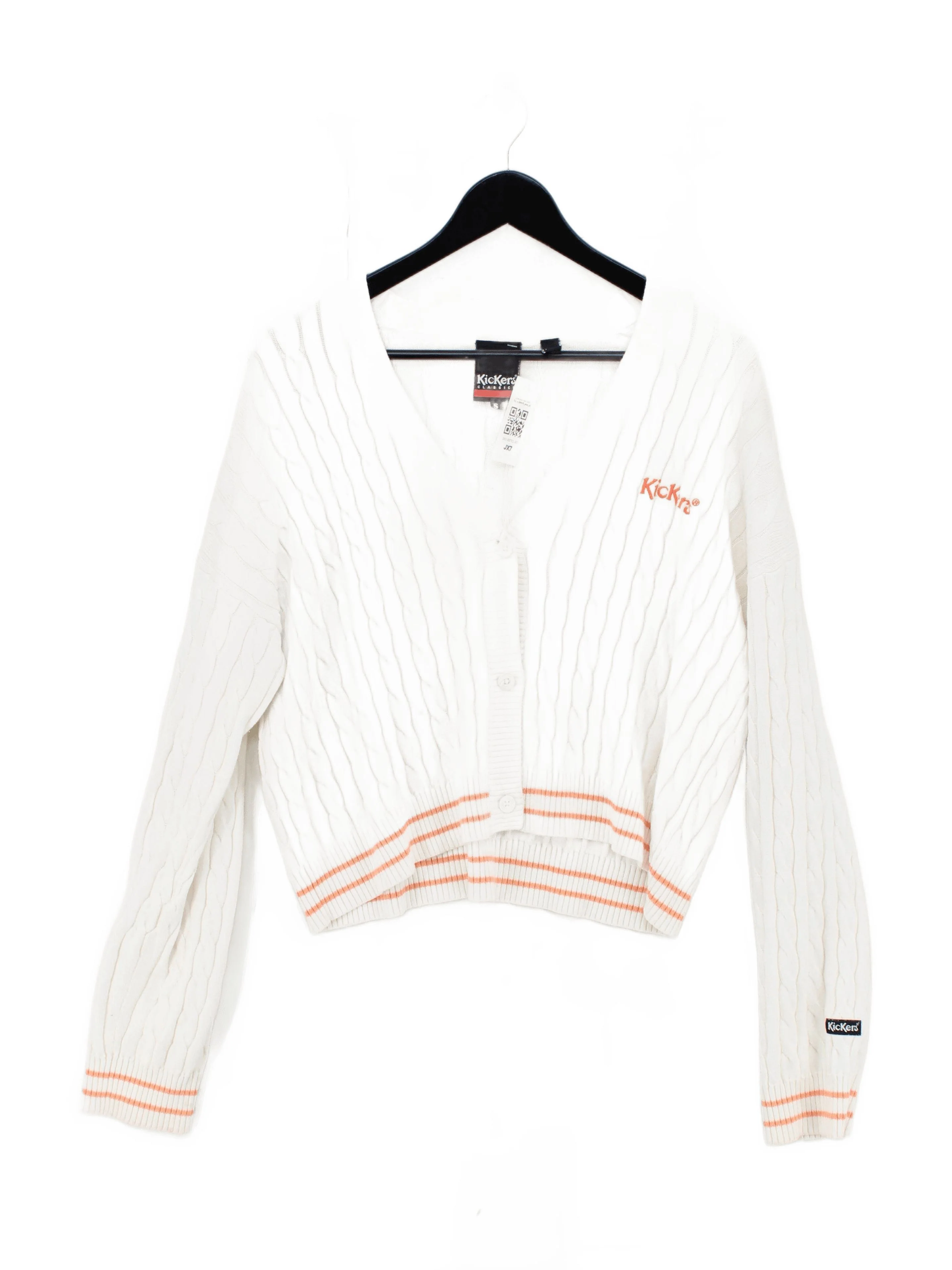 Kickers Women's Cardigan S White Striped Acrylic with Cotton V-Neck Cardigan