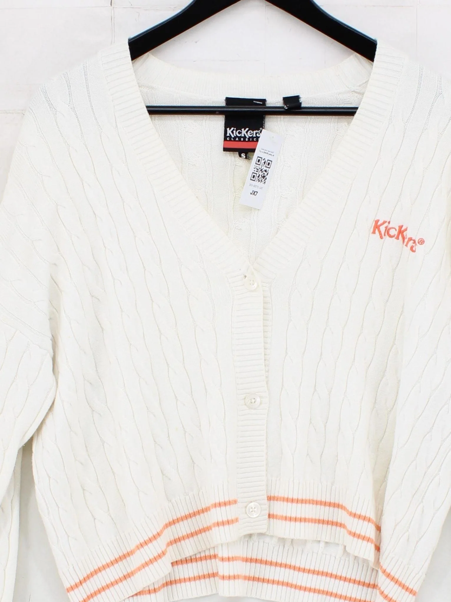 Kickers Women's Cardigan S White Striped Acrylic with Cotton V-Neck Cardigan - Image 3