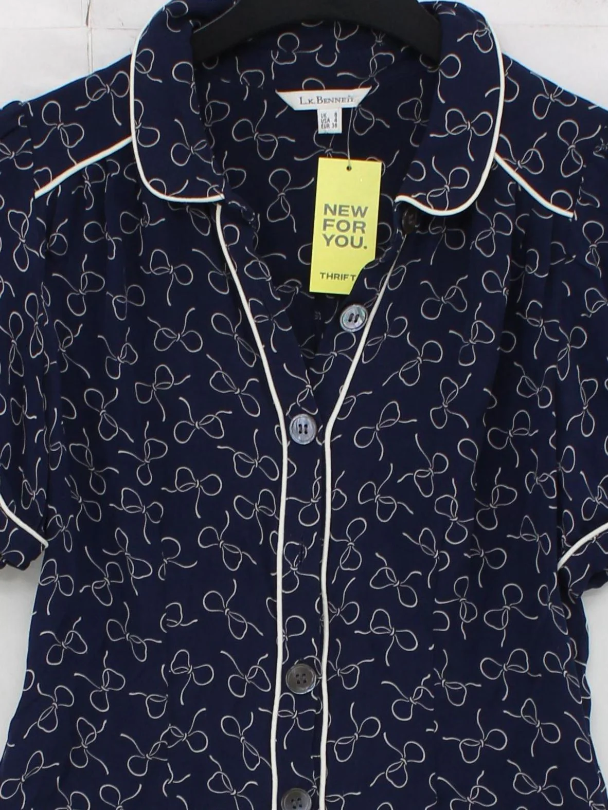 L.K. Bennett Women's Shirt UK 8 Blue 100% Silk Short Sleeve Collared Basic - Image 3