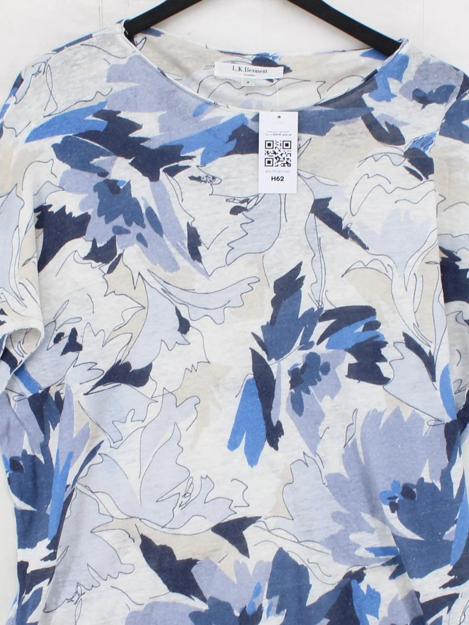 L.K. Bennett Women's Top S Multi Floral 100% Linen 3/4 Sleeve Round Neck Basic - Image 3