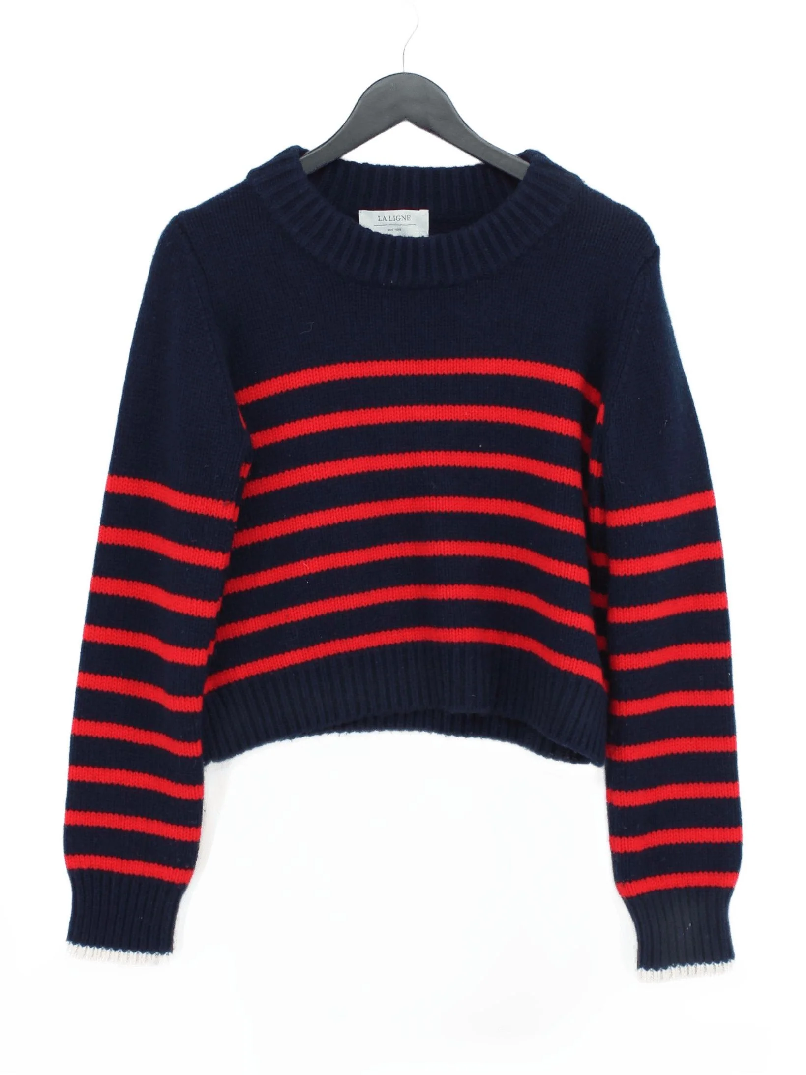 La Ligne Women's Jumper M Blue Striped Wool with Cashmere Crew Neck Pullover