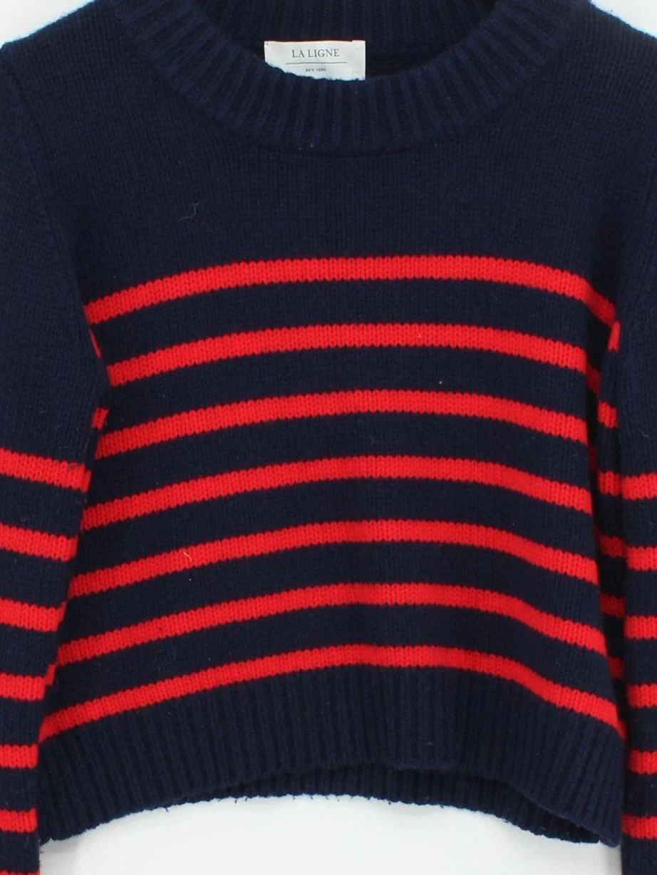 La Ligne Women's Jumper M Blue Striped Wool with Cashmere Crew Neck Pullover - Image 3