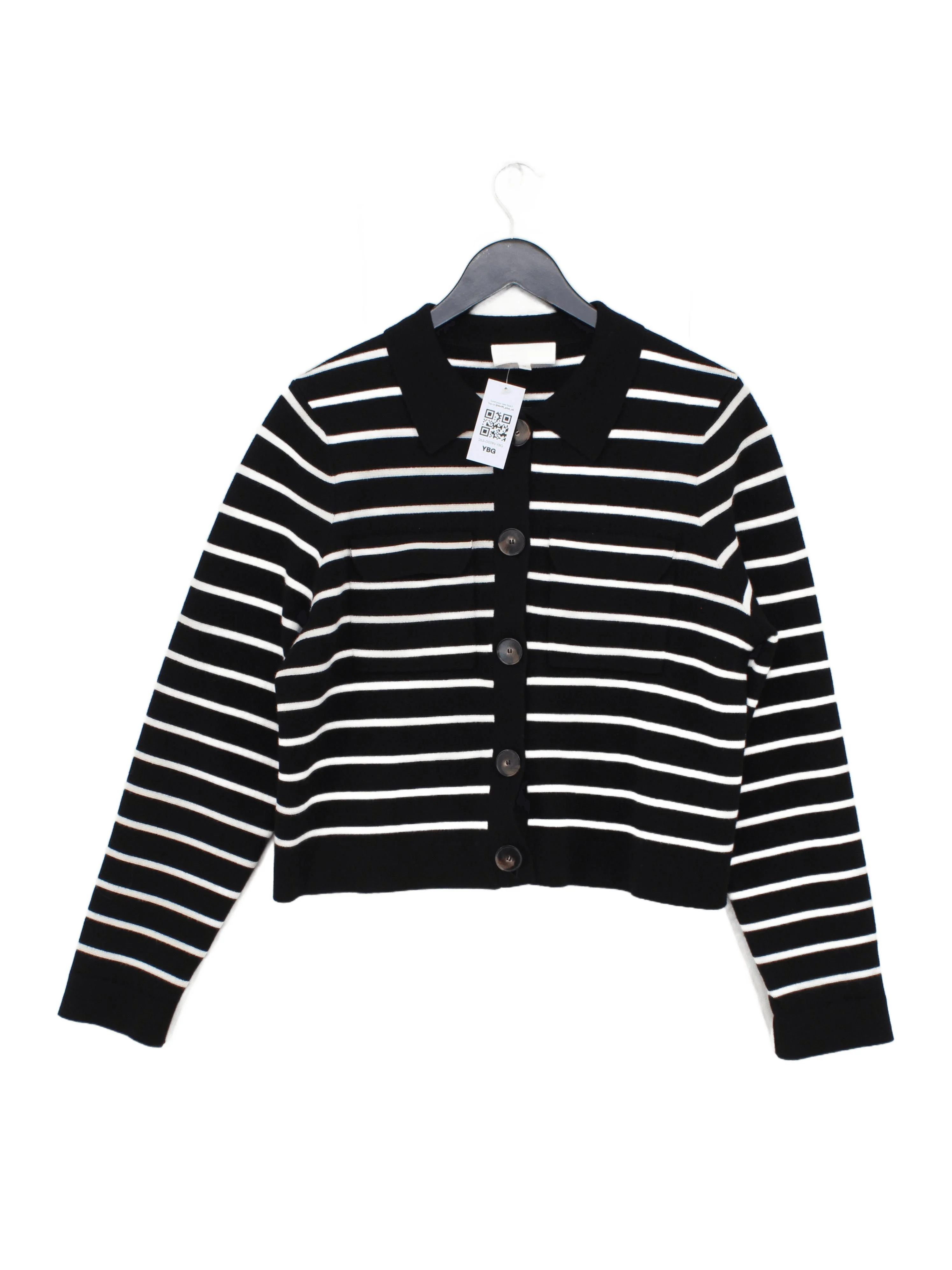 La Maille Sezane Women's Cardigan M Black Striped 100% Wool Collared Cardigan