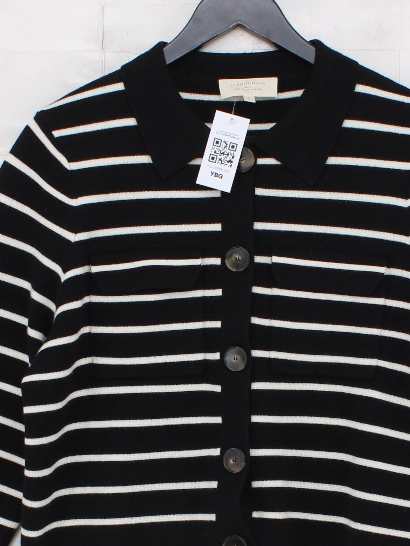 La Maille Sezane Women's Cardigan M Black Striped 100% Wool Collared Cardigan - Image 3