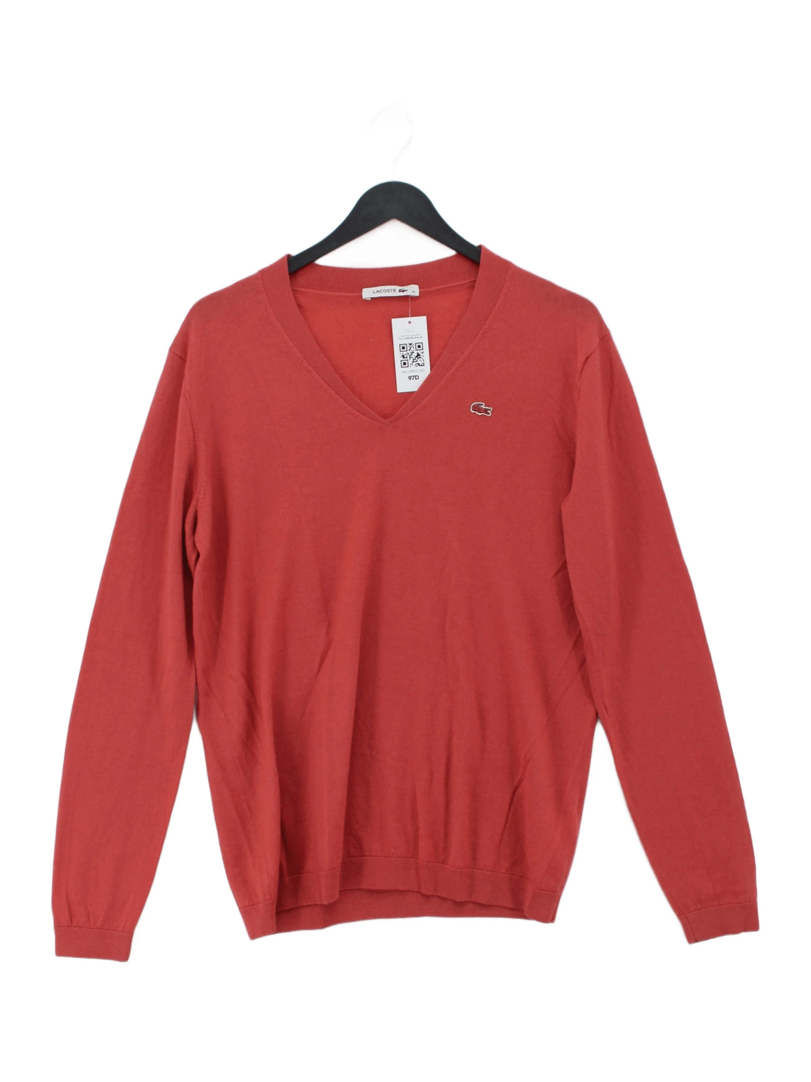 Lacoste Men's Jumper L Red 100% Wool V-Neck Pullover