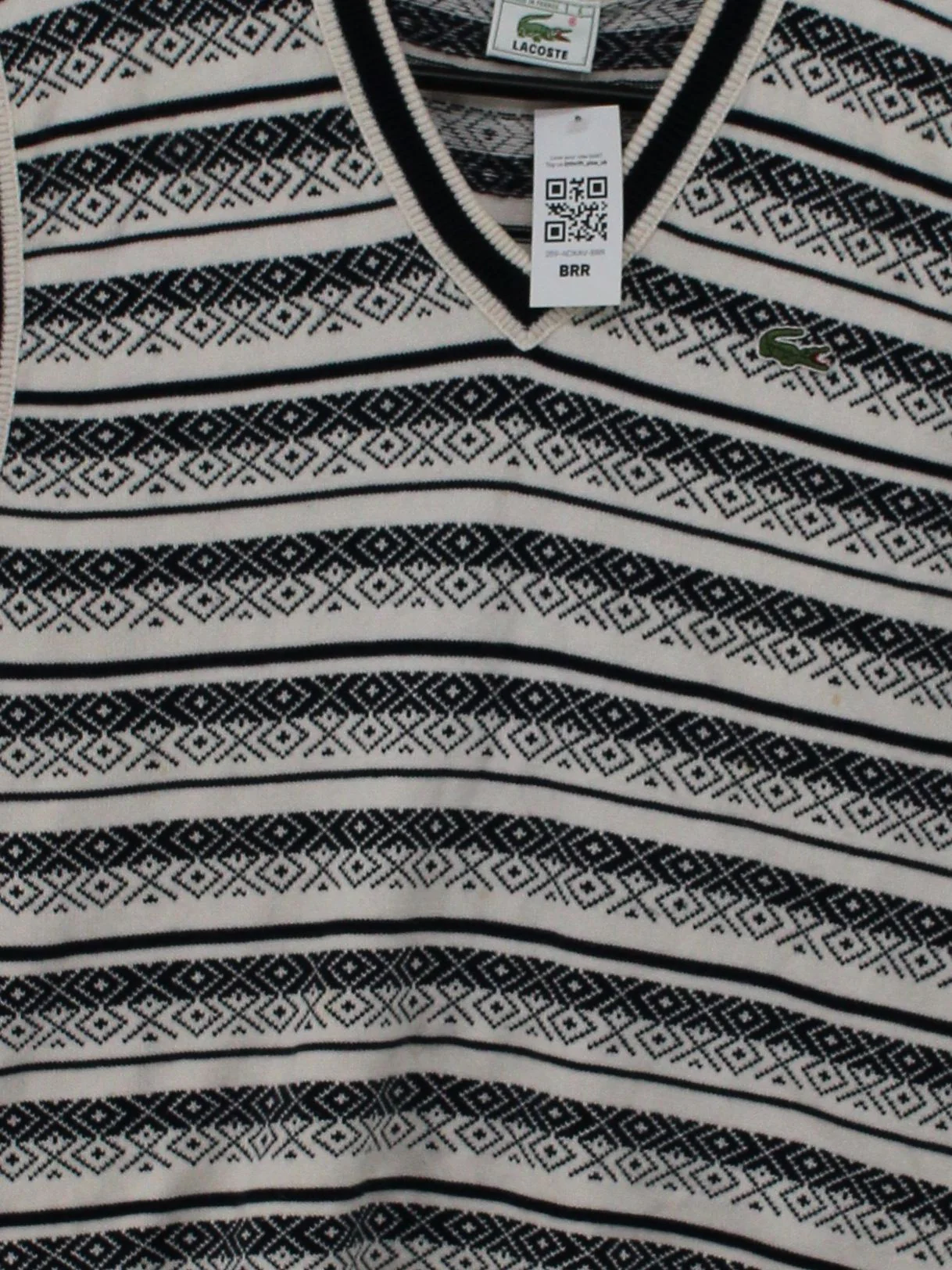 Lacoste Men's Jumper S Cream Geometric 100% Cotton V-Neck Vest - Image 3