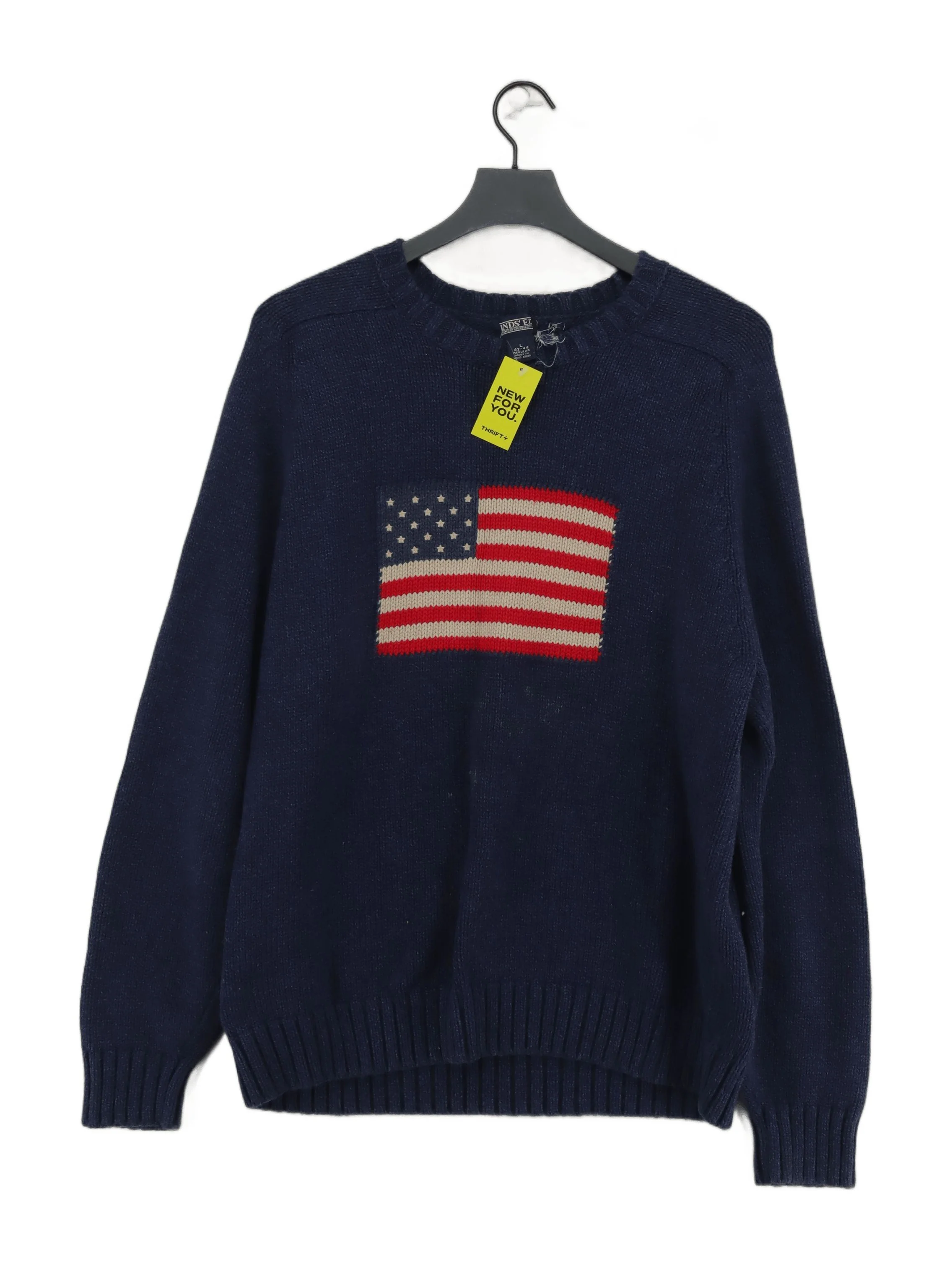 Lands End Men's Jumper L Blue Graphic 100% Cotton Round Neck Pullover