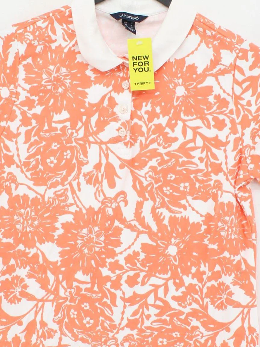 Lands End Women's Polo S Orange Floral 100% Cotton Short Sleeve Collared Basic - Image 3