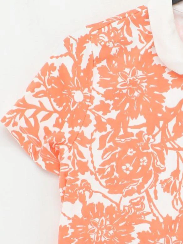Lands End Women's Polo S Orange Floral 100% Cotton Short Sleeve Collared Basic - Image 4