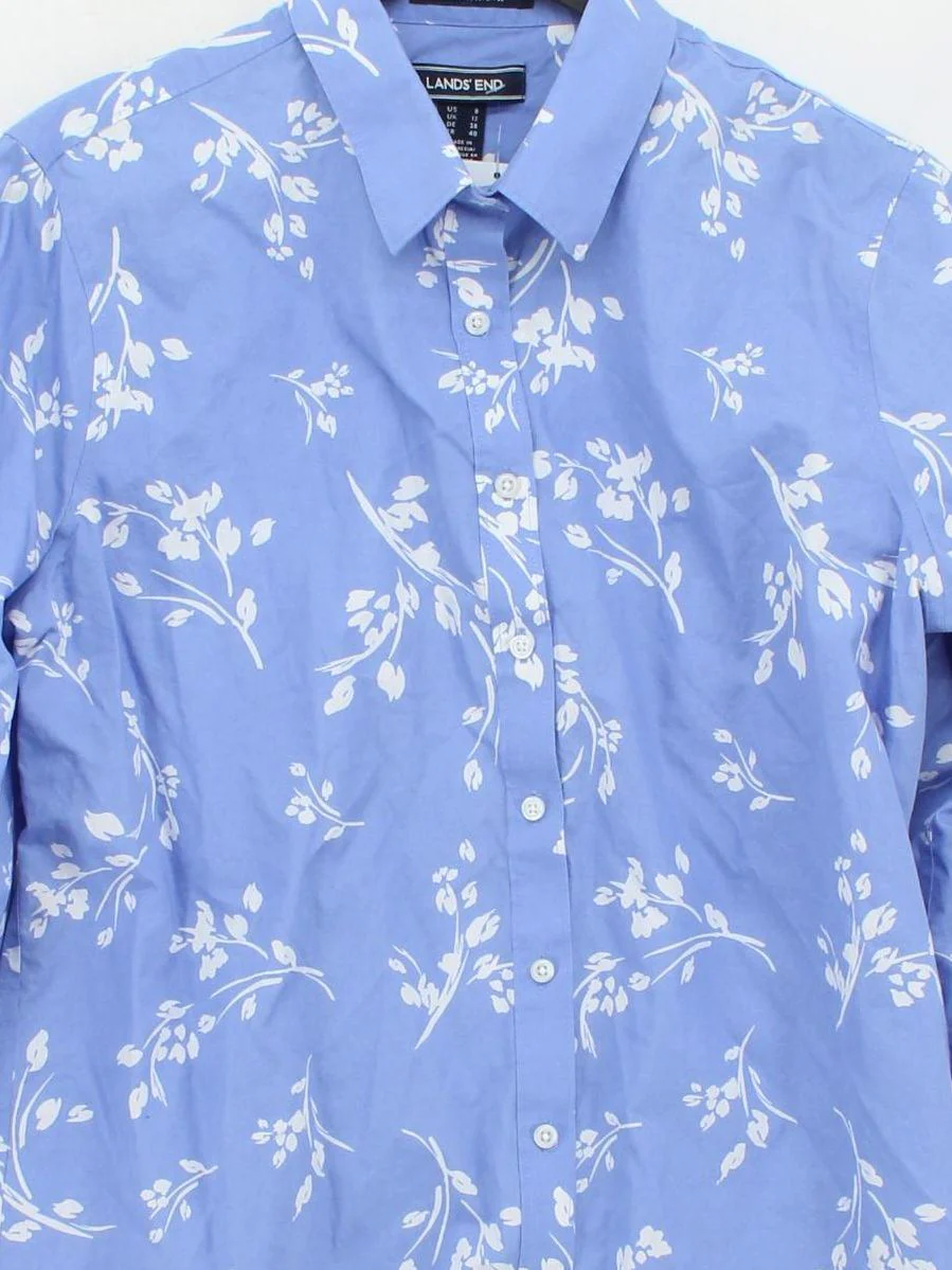 Lands End Women's Shirt M Blue Floral 100% Cotton Long Sleeve Collared Basic - Image 3