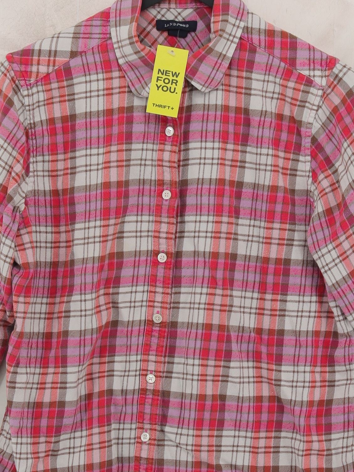 Lands End Women's Shirt M Multi Checkered 100% Cotton Long Sleeve Collared Basic - Image 3