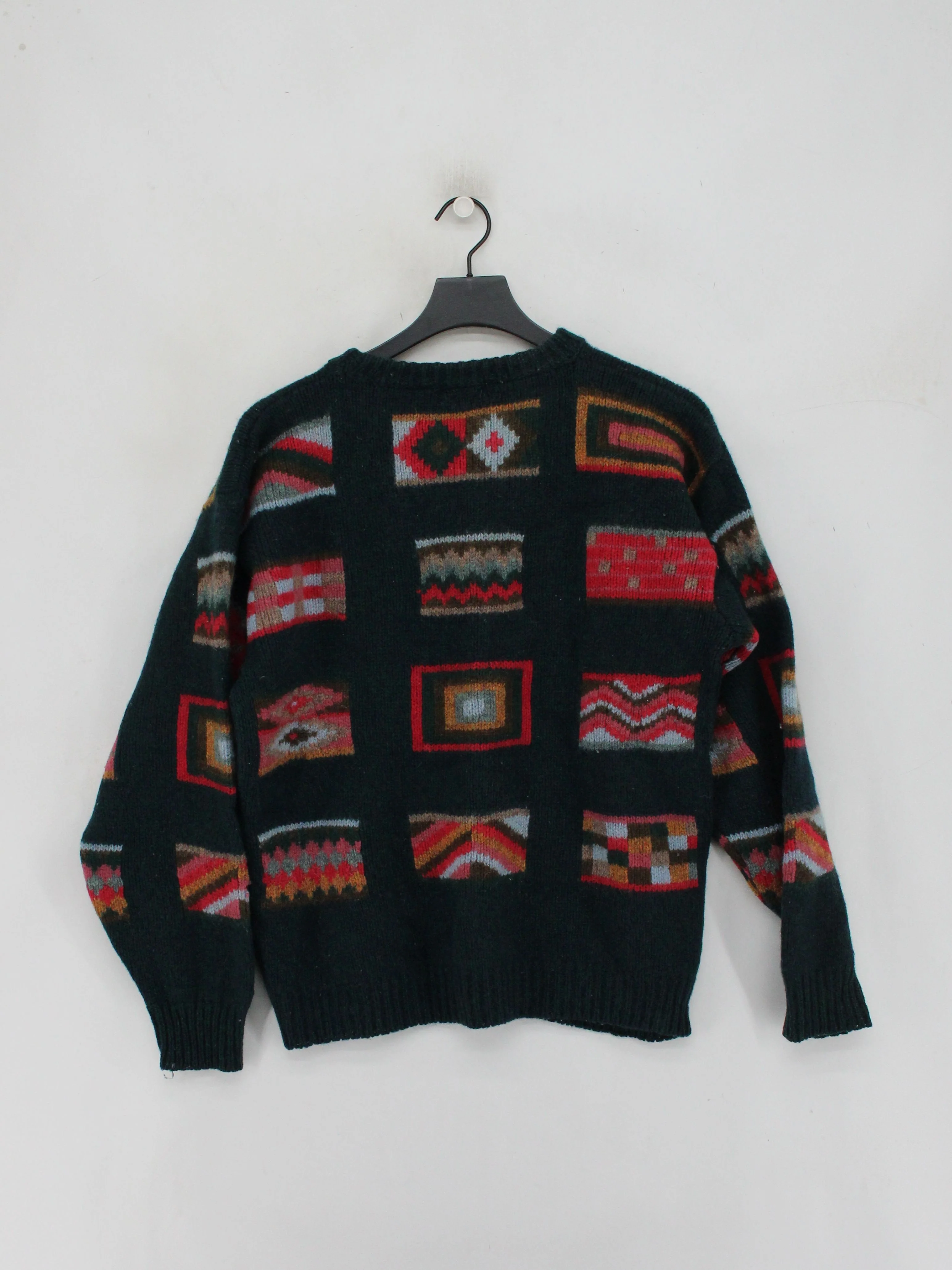 Lee Men's Jumper S Green Geometric 100% Wool Round Neck Pullover - Image 2