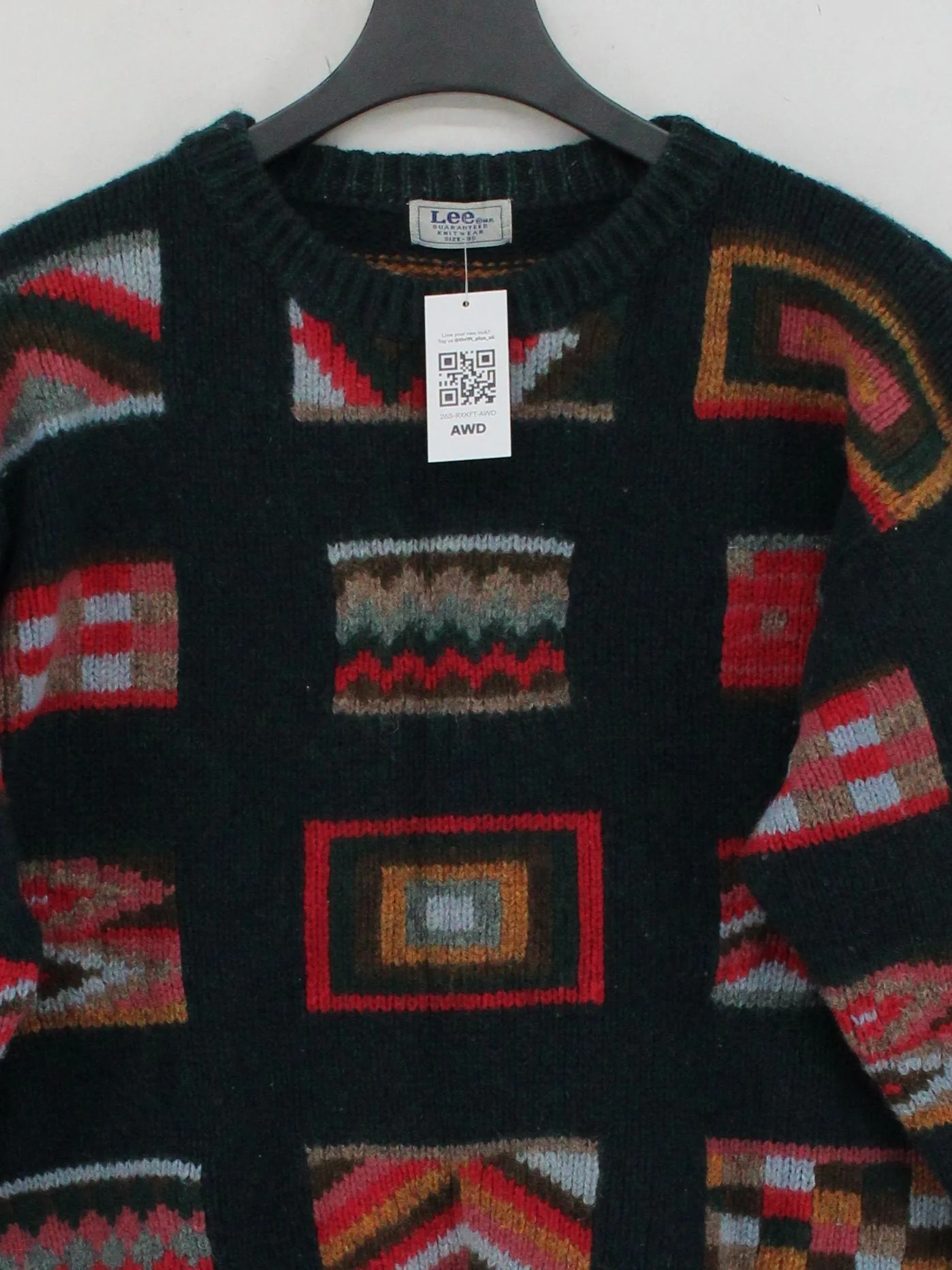 Lee Men's Jumper S Green Geometric 100% Wool Round Neck Pullover - Image 3