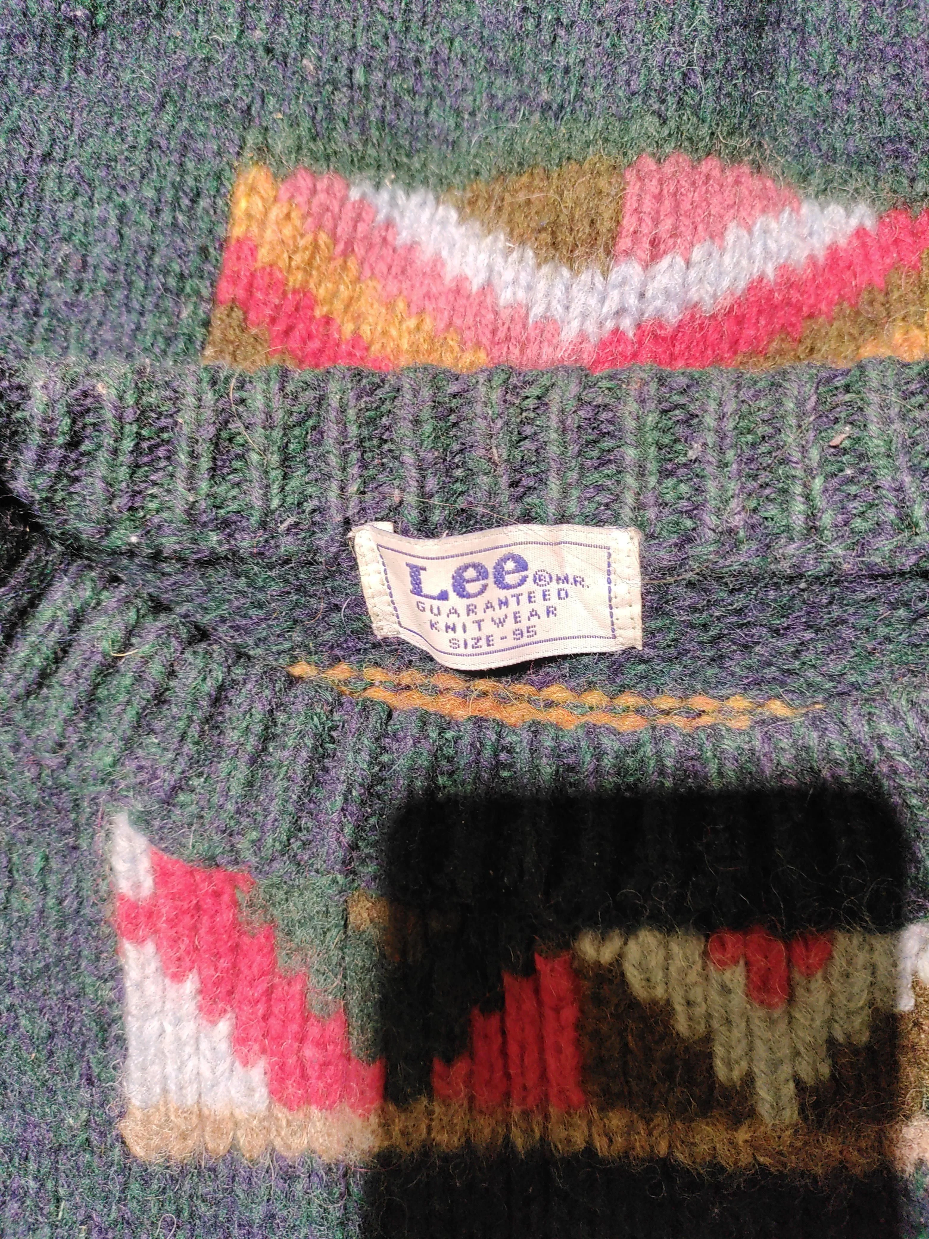 Lee Men's Jumper S Green Geometric 100% Wool Round Neck Pullover - Image 6
