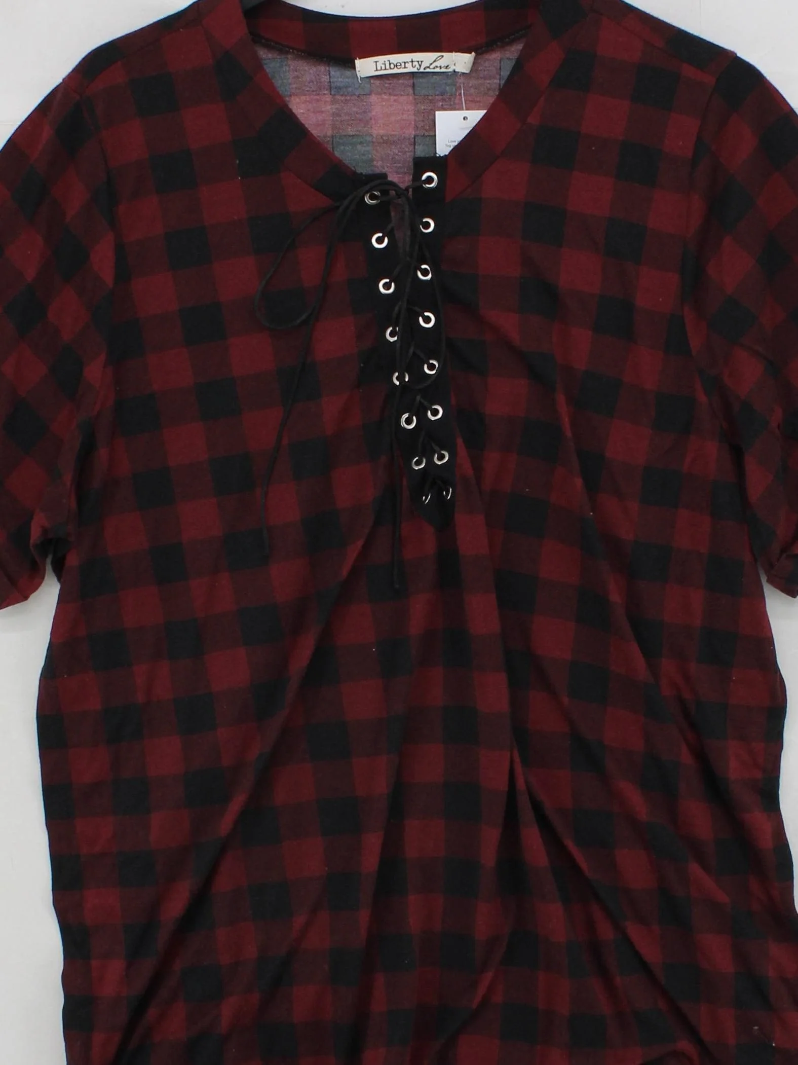 Liberty Women's Top XXXL Red Checkered 100% Polyester Short Sleeve V-Neck Basic - Image 3