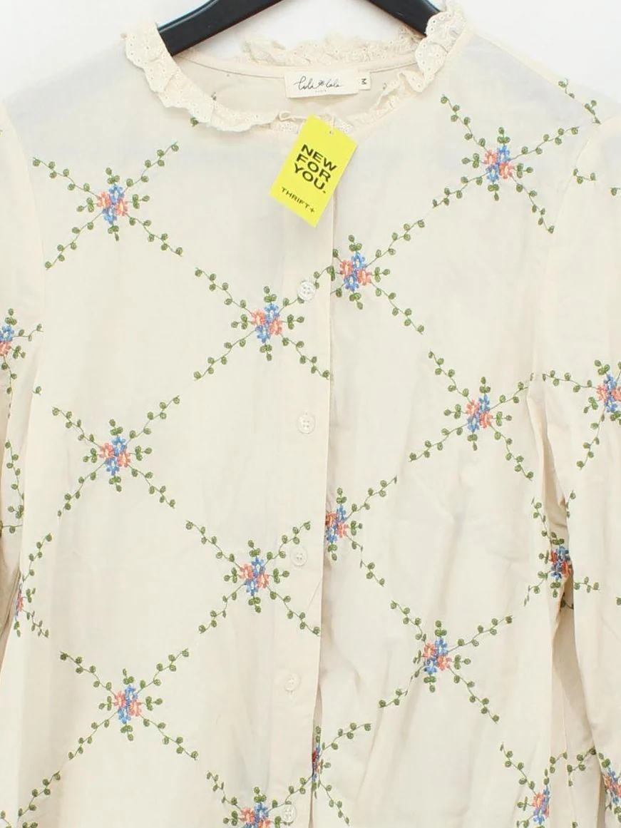 Lili & Lala Women's Blouse M Cream Floral 100% Cotton Long Sleeve Collared Basic - Image 3