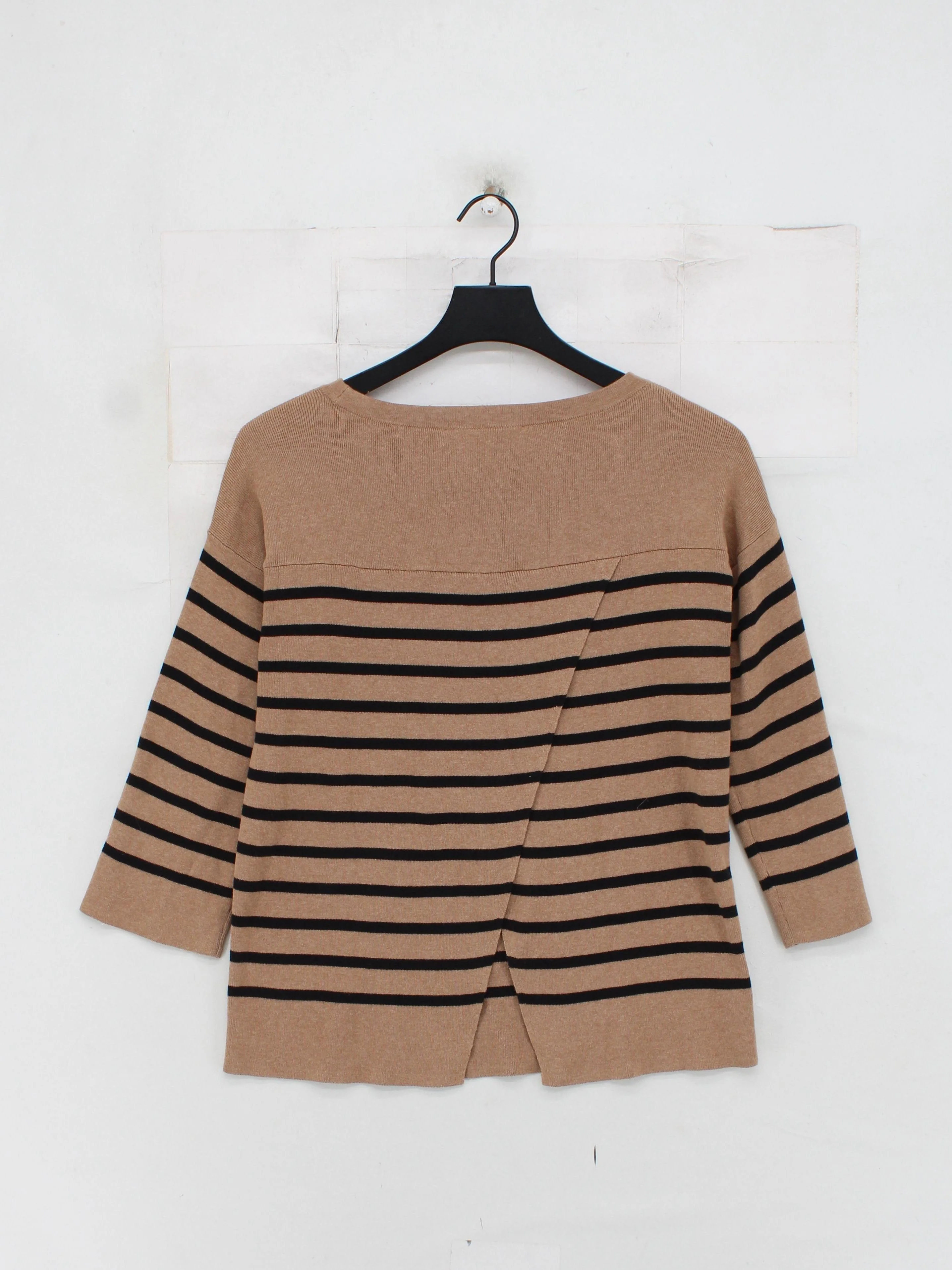 Loft Women's Jumper S Tan Striped 100% Cotton Round Neck Pullover - Image 2