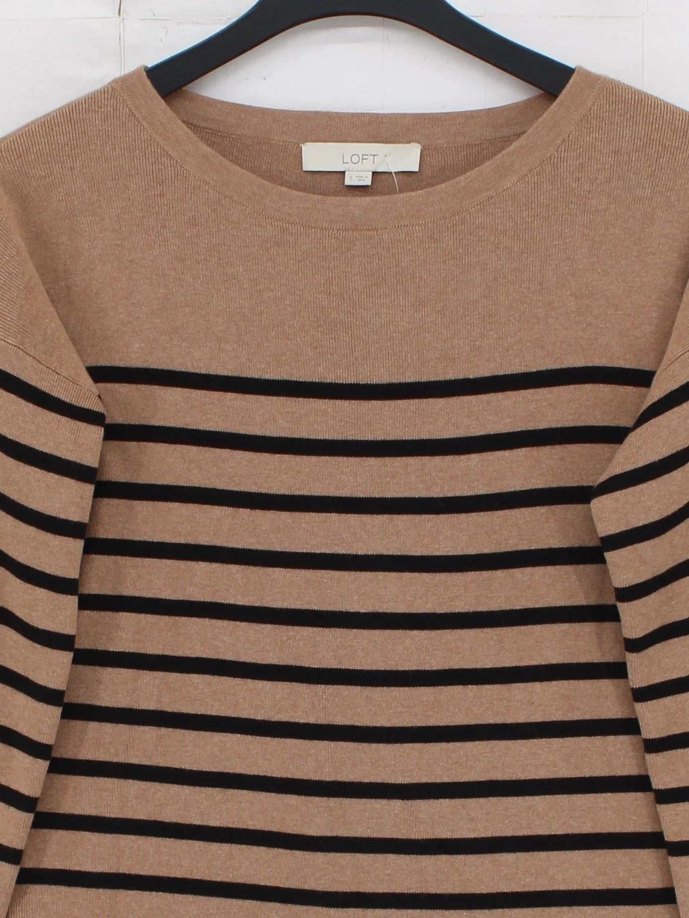 Loft Women's Jumper S Tan Striped 100% Cotton Round Neck Pullover - Image 3