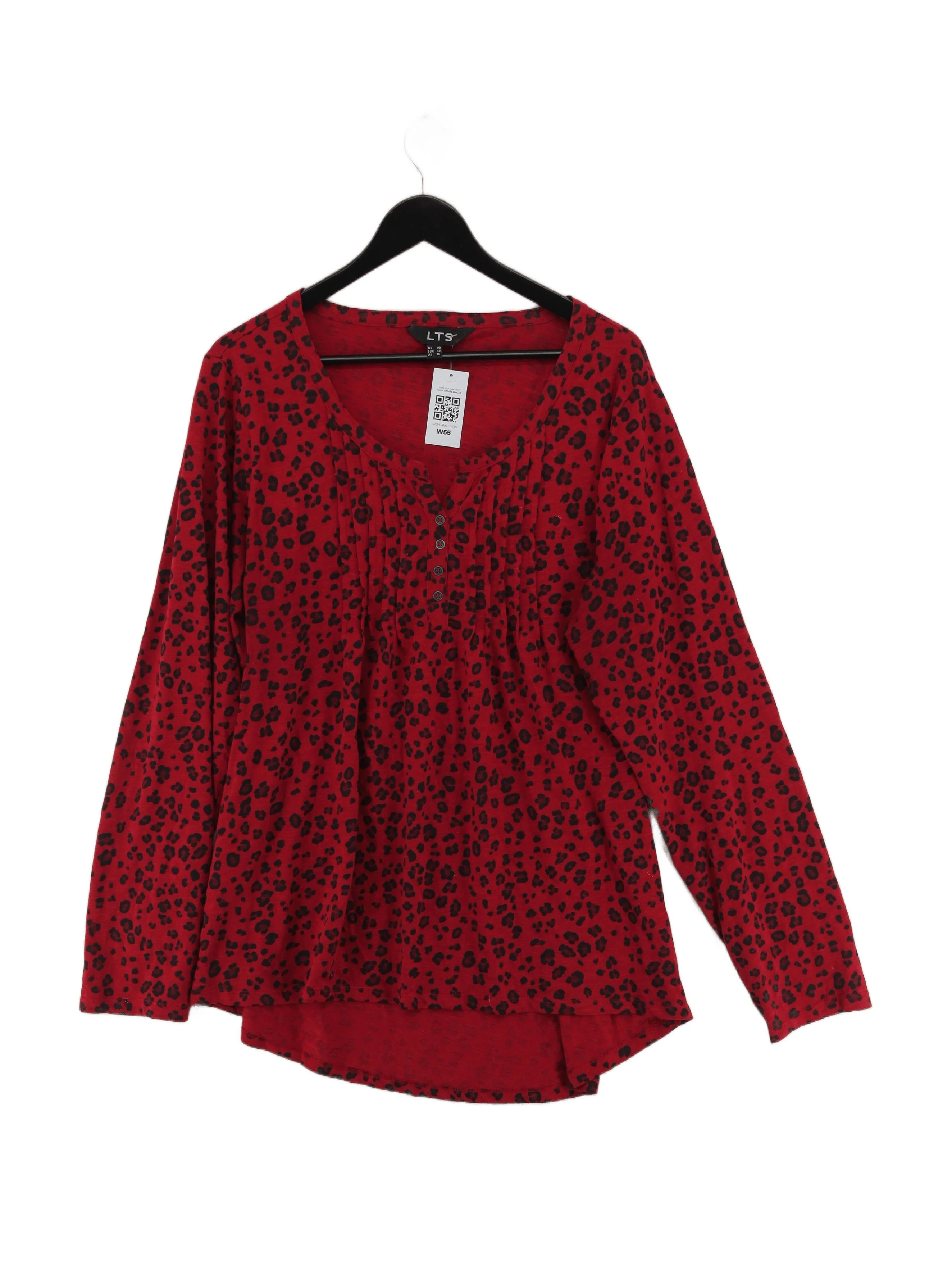 LTS Women's Top UK 20 Red Animal Print 100% Cotton Long Sleeve Round Neck Basic