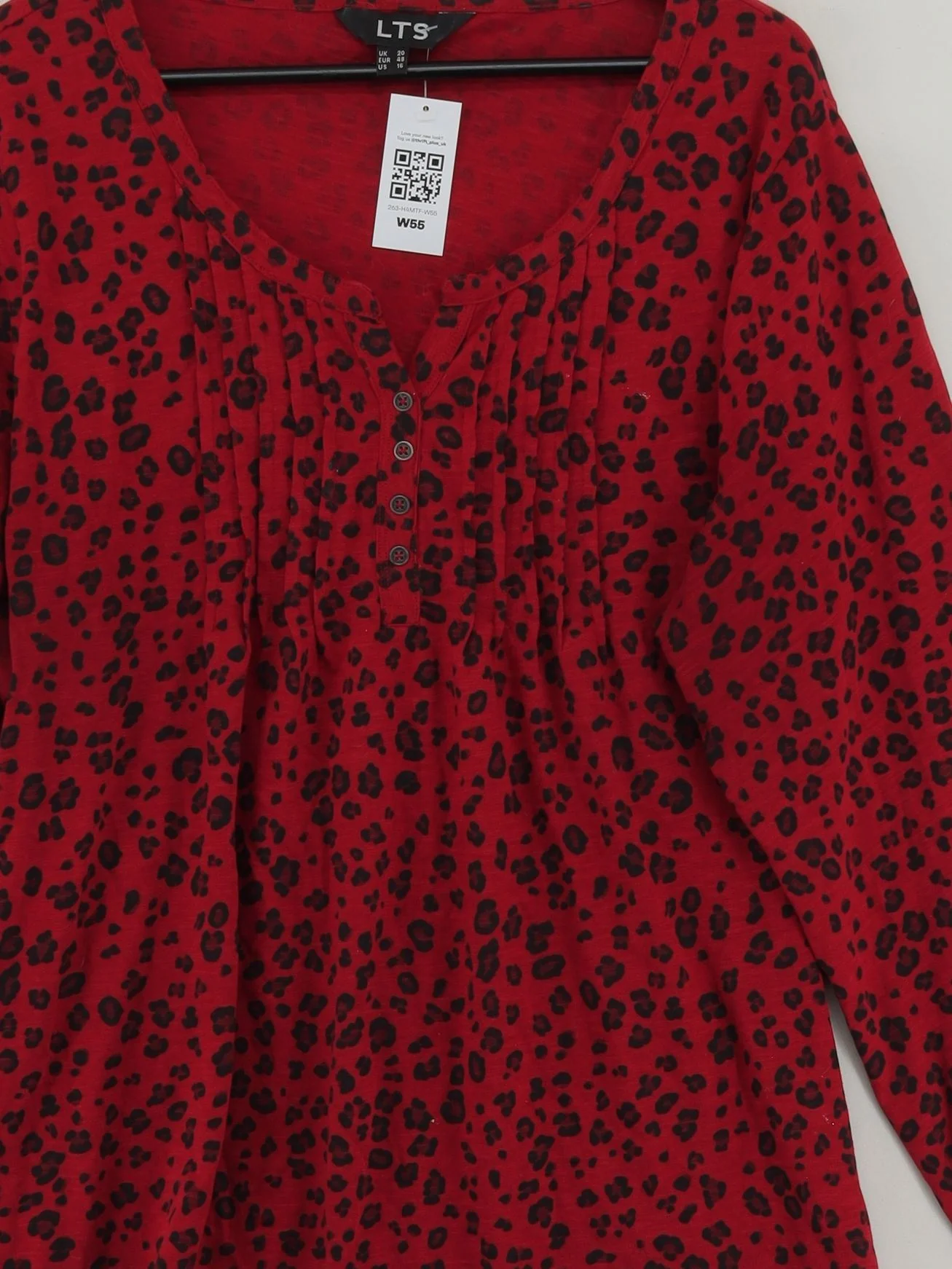 LTS Women's Top UK 20 Red Animal Print 100% Cotton Long Sleeve Round Neck Basic - Image 3
