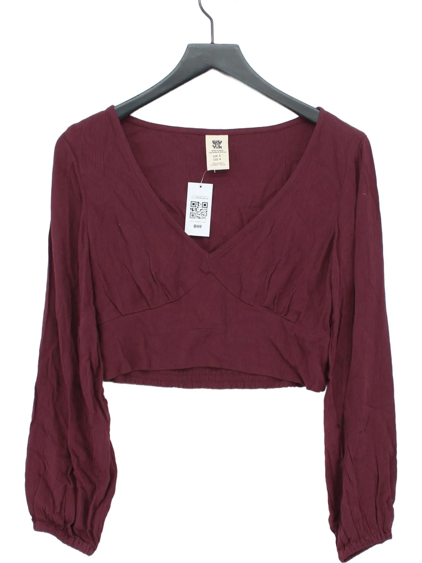Lucy & Yak Women's Top UK 8 Red 100% Viscose Long Sleeve V-Neck Cropped