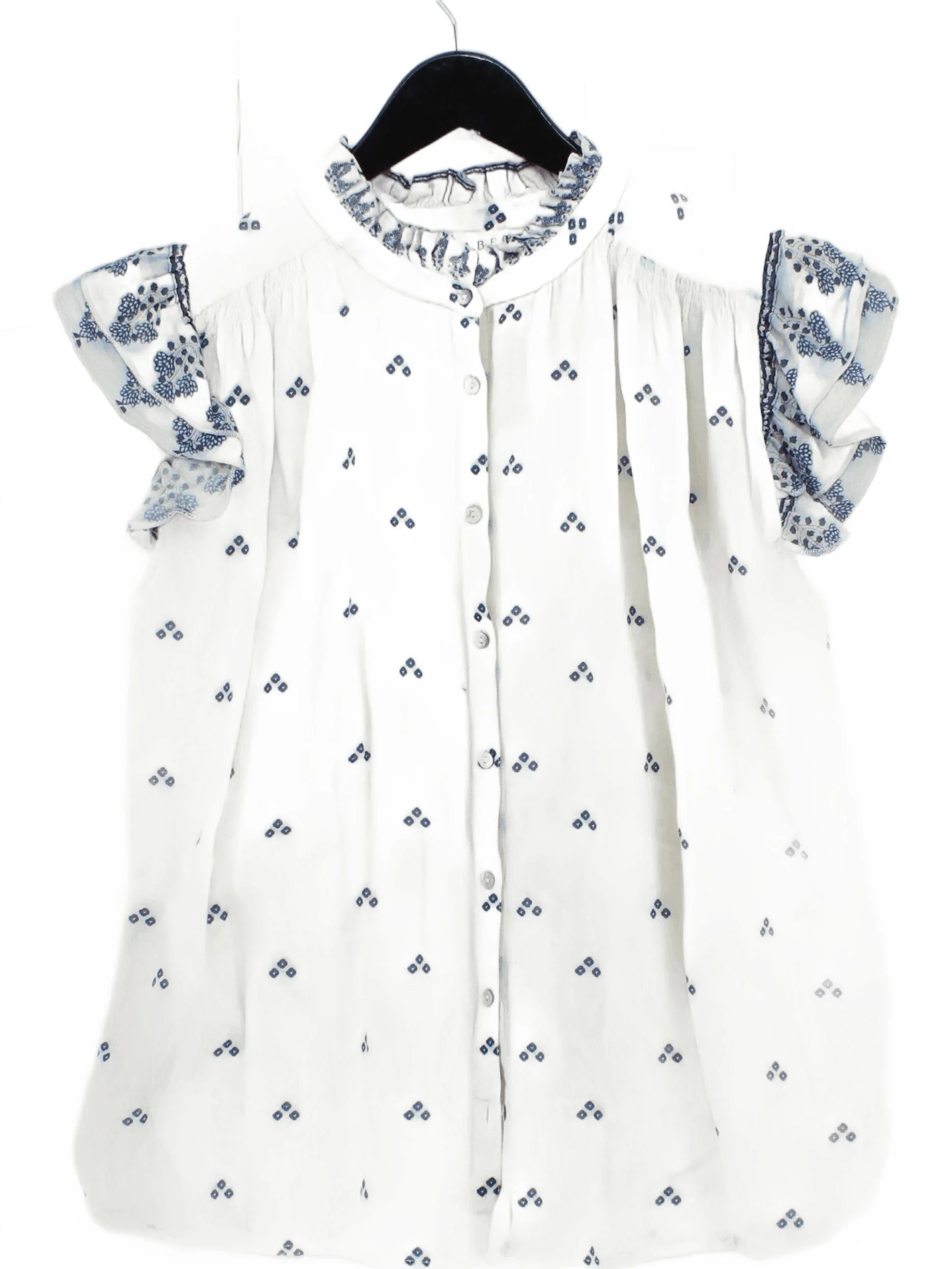 M.A.B.E Women's Top S White Geometric 100% Cotton Short Sleeve High Neck Basic