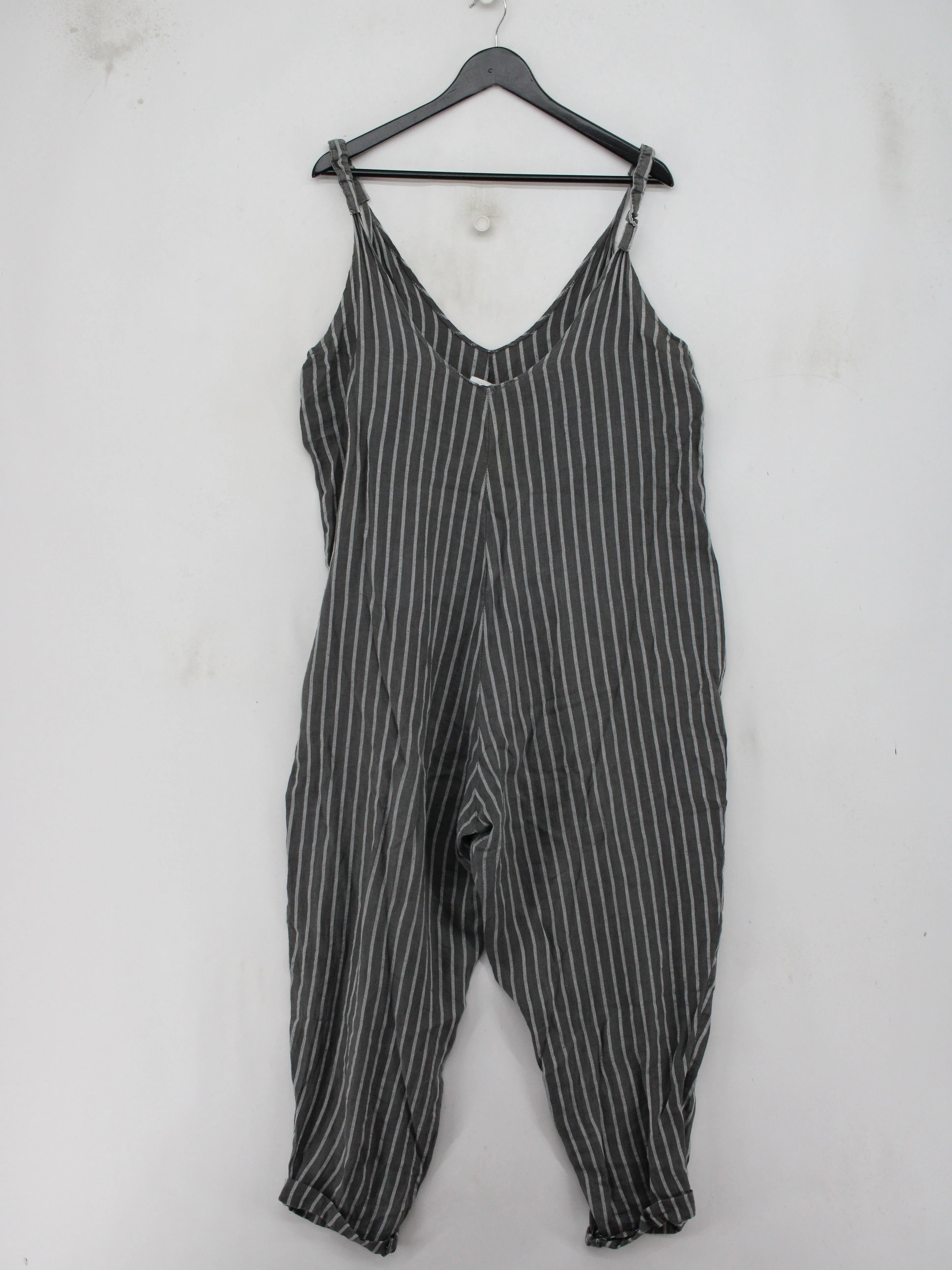 Made In Italy Women's Jumpsuit L Grey Striped 100% Linen Wide-Leg Jumpsuit - Image 2