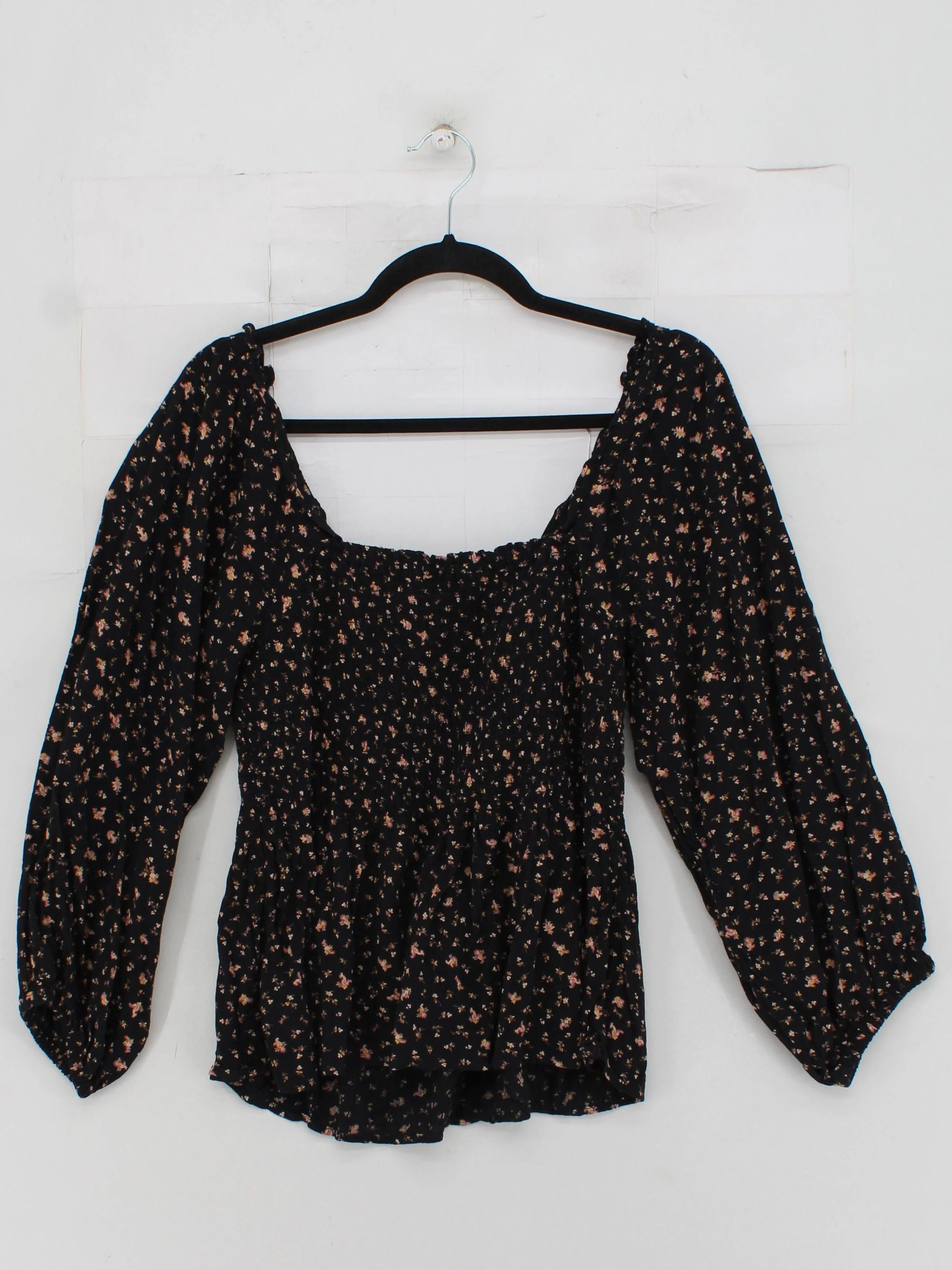 Madewell Women's Top S Black Floral 100% Cotton 3/4 Sleeve Square Neck Basic - Image 2
