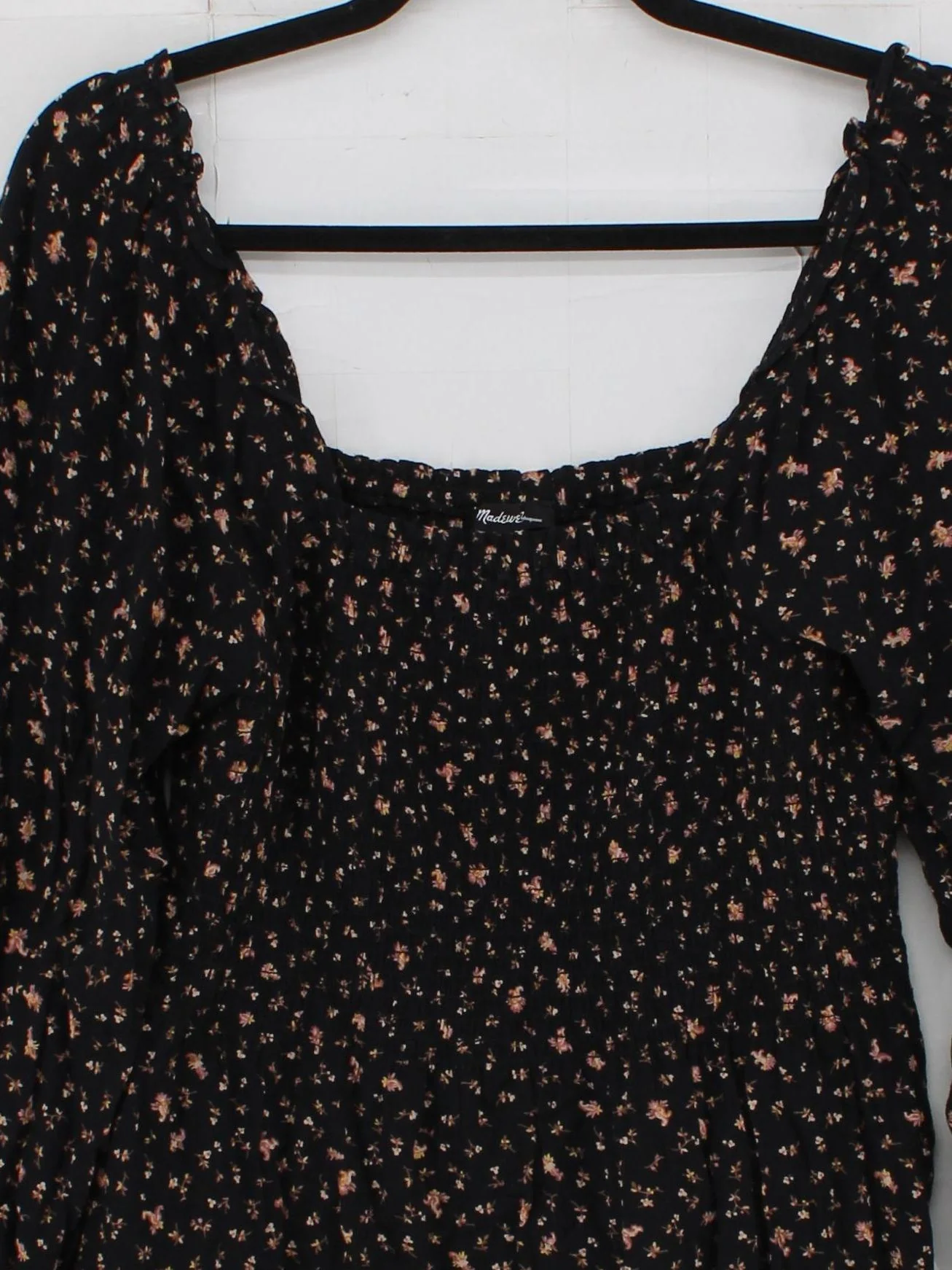 Madewell Women's Top S Black Floral 100% Cotton 3/4 Sleeve Square Neck Basic - Image 3