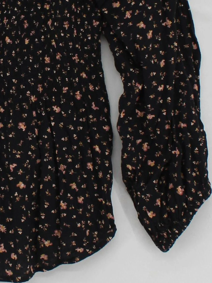 Madewell Women's Top S Black Floral 100% Cotton 3/4 Sleeve Square Neck Basic - Image 4