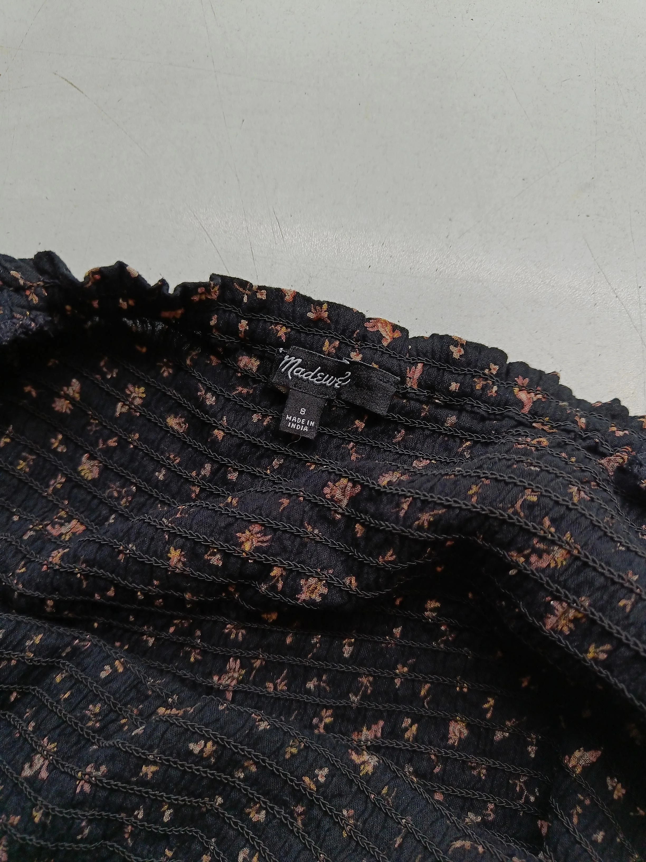 Madewell Women's Top S Black Floral 100% Cotton 3/4 Sleeve Square Neck Basic - Image 5