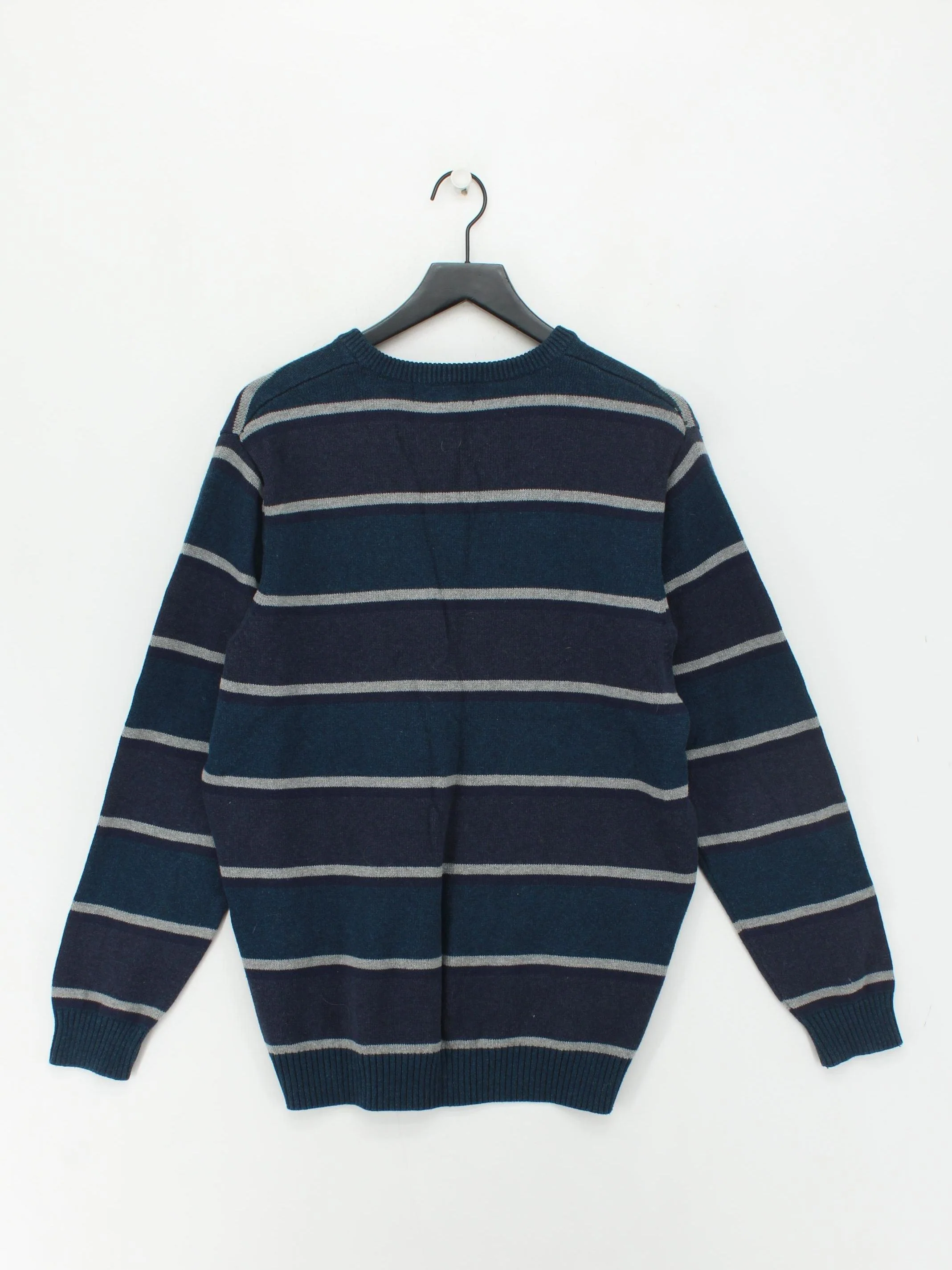 Maine Men's Jumper L Blue Striped 100% Cotton V-Neck Pullover - Image 2