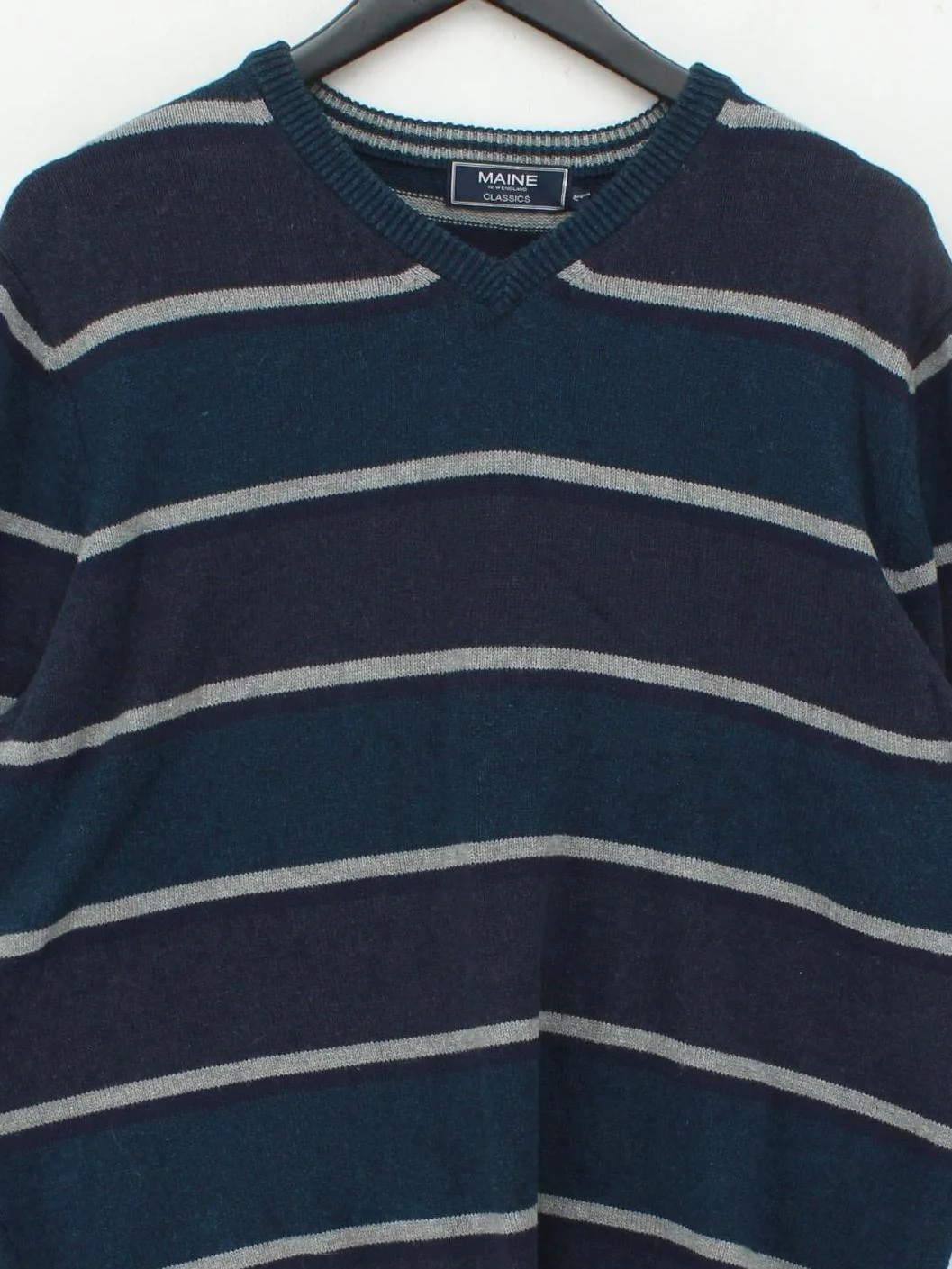 Maine Men's Jumper L Blue Striped 100% Cotton V-Neck Pullover - Image 3