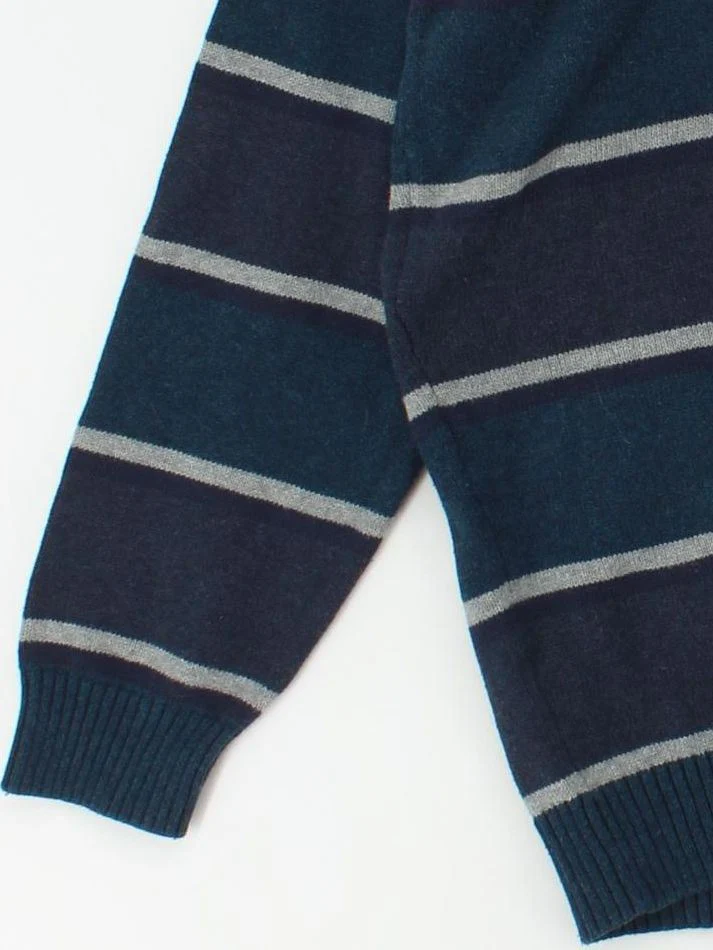 Maine Men's Jumper L Blue Striped 100% Cotton V-Neck Pullover - Image 4