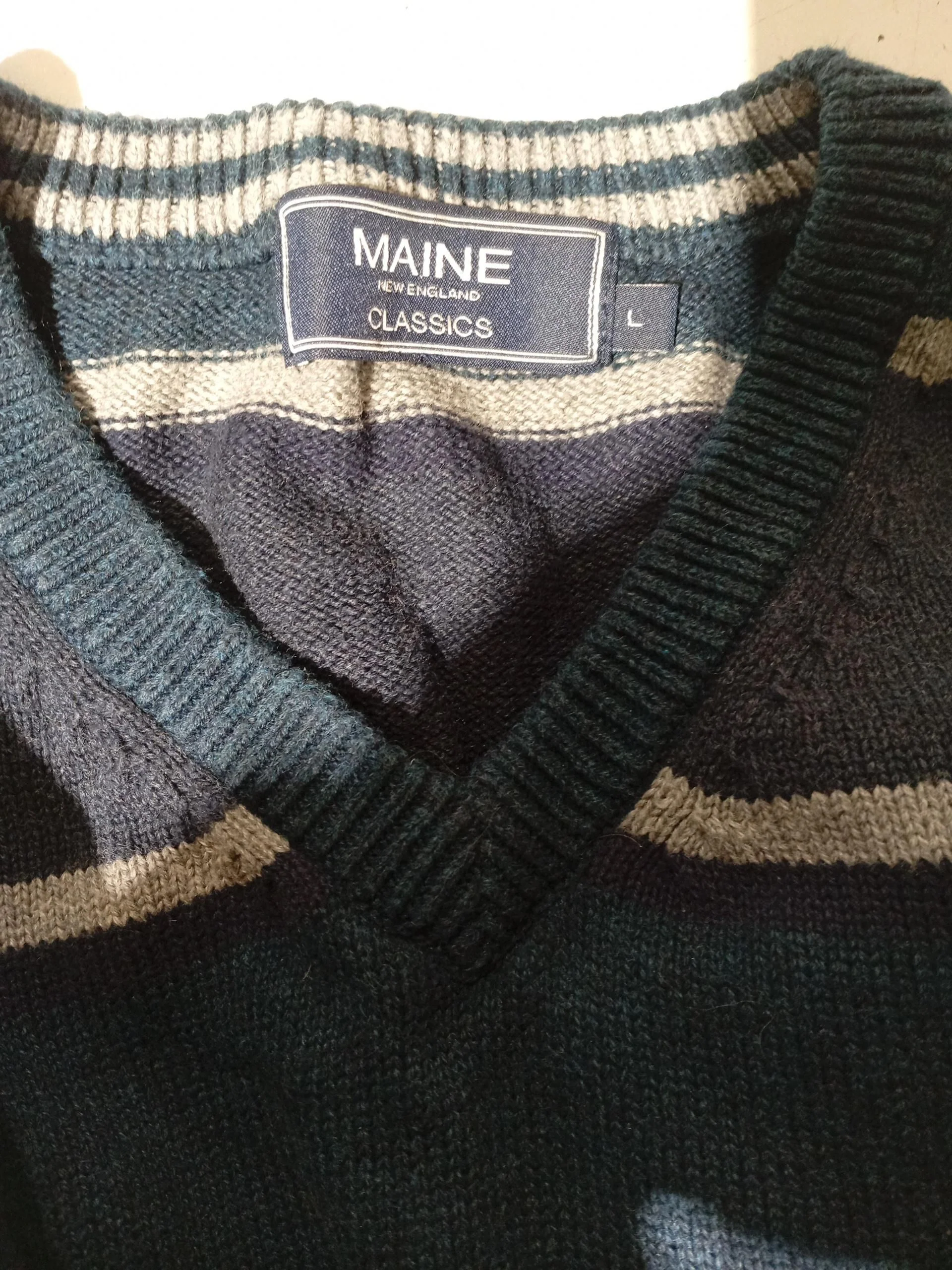 Maine Men's Jumper L Blue Striped 100% Cotton V-Neck Pullover - Image 5